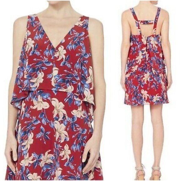 INTERMIX Intermix Silk Dress L Lisette Floral Open Back Flounce Red Size L / US 10 / IT 46 - 1 Thumbnail