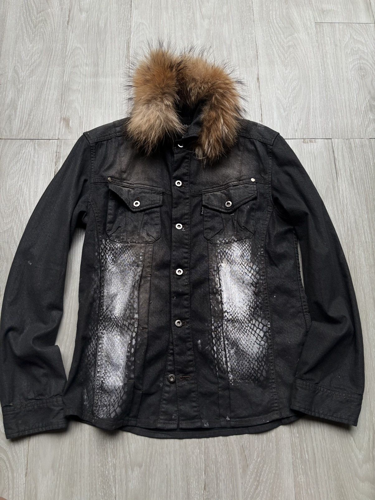 トップス early 00s TORNADO MART Fur Cardigan M Tornado Mart Early 00s Fur Collar Python-Print Trucker Denim