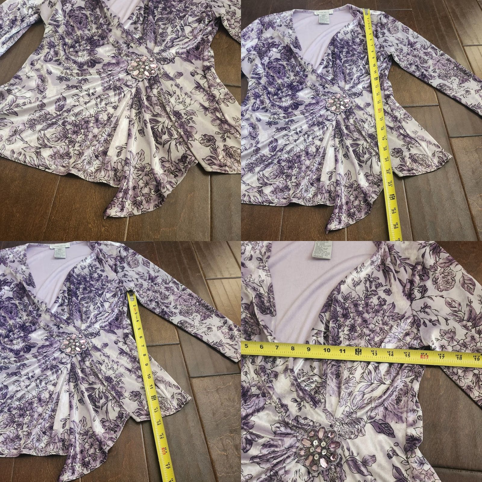 Nine West Nine West Womens Floral V-Neck Long Sleeve Blouse Purple Embellished Top Medium Size M / US 6-8 / IT 42-44 - 8 Thumbnail
