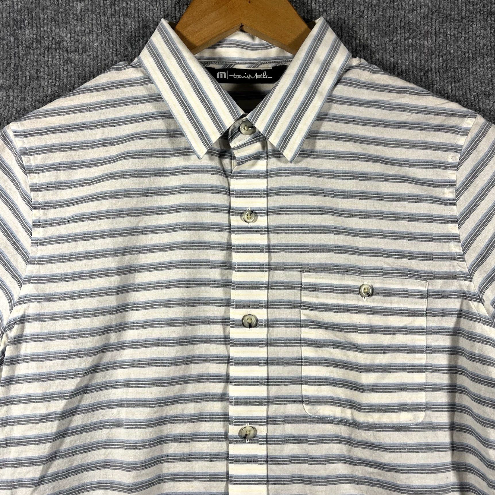 TravisMathew Travis Mathew Polo Shirt Mens Small White Gray Golf Striped Button-Down Collar Short Sleeve Size US S / EU 44-46 / 1 - 2 Thumbnail