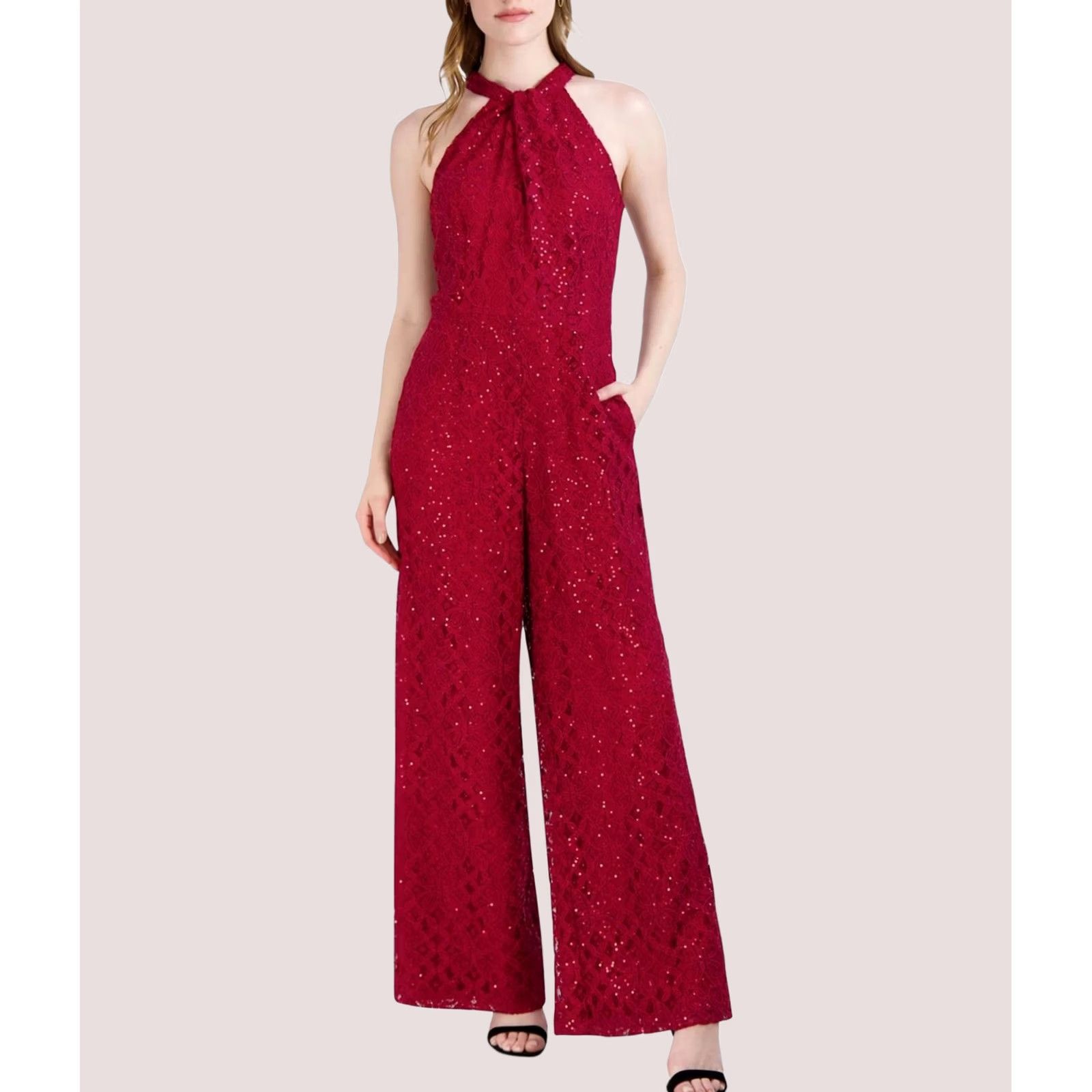 Vintage Julia Jordan Womens Sequinlace Halter Jumpsuit Red 6 Size 28" / US 6 / IT 42 - 1 Preview
