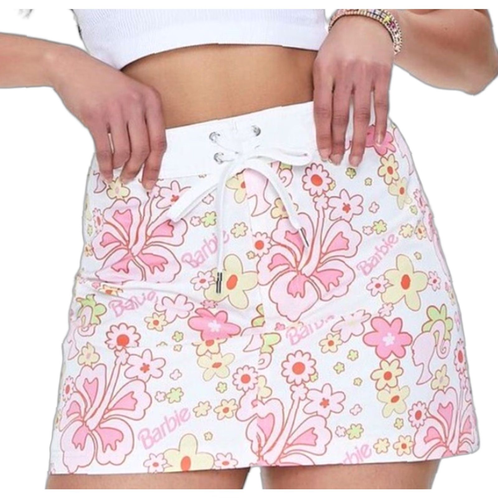 FOREVER 21 x BARBIE Skirt Women's Mini Floral Multicolor White Multi Size S  Short Polyester 100%, image size:1600x1600