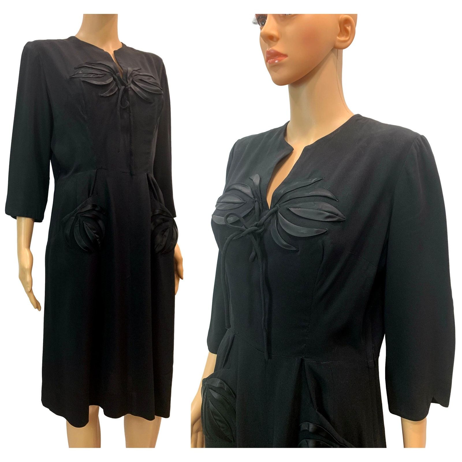 Vintage Vintage 1940s Black Dress w Satin Detail Pockets M Grailed