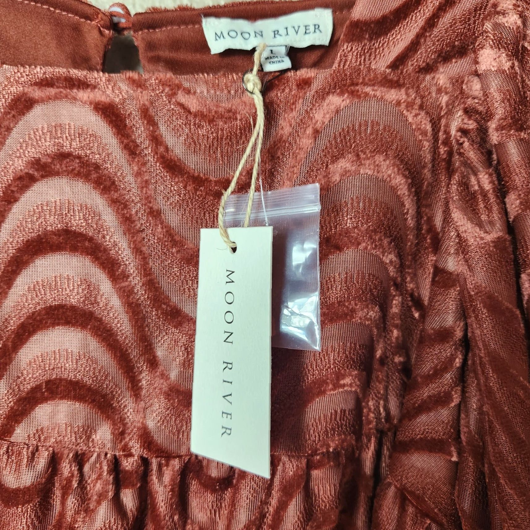Vintage Moon River Rust Square Neck Half Puff Sleeve Mini Velvet Dress-Size L (NWT) Womens Bohemian Autumn Party/Cocktail Velvet Mini Dress Size L / US 10 / IT 46 - 7 Thumbnail