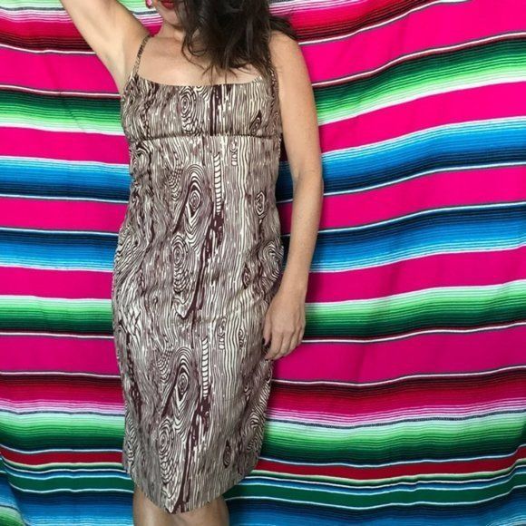 image of VTG Nanette Lepore Woodgrain Silk Pencil Dress Midi in Brown, Women's (Size Medium)