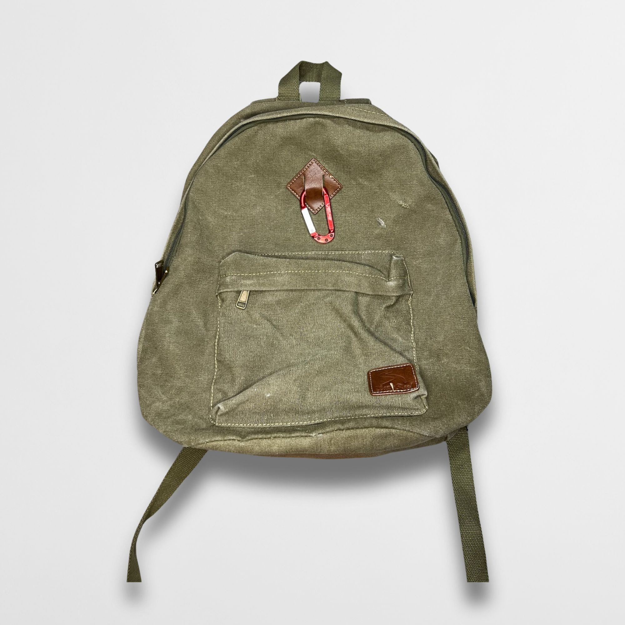 Other Olive Green Canvas Backpack With Front Pocket & Carabiner Cl Size ONE SIZE - 2 Thumbnail