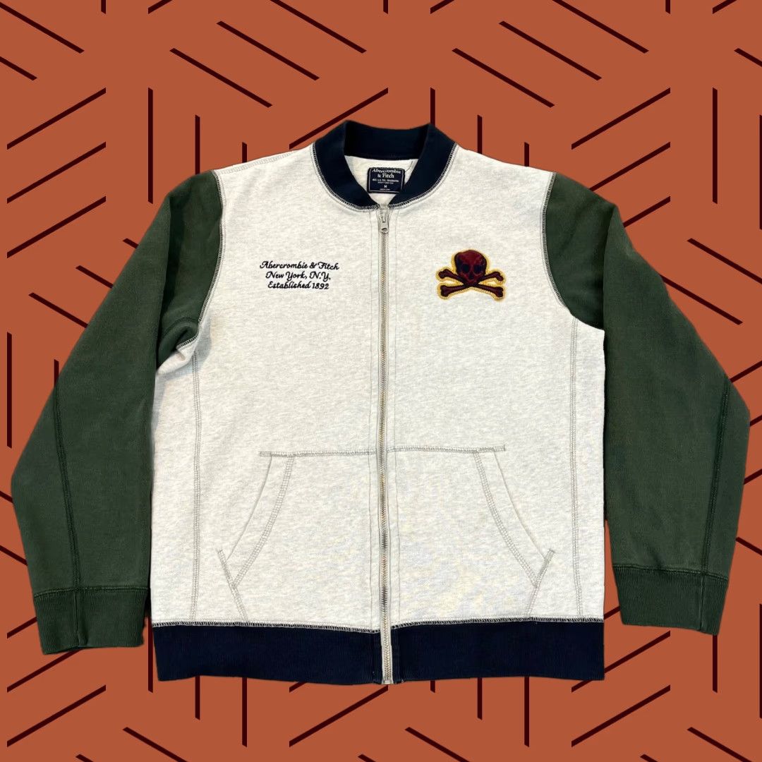 Abercrombie & Fitch Abercrombie & Fitch Mens Varsity Jacket Medium Gray Green Blue Cotton Blend Full Zip Baseball Letterman Casual Size US M / EU 48-50 / 2 - 1 Thumbnail