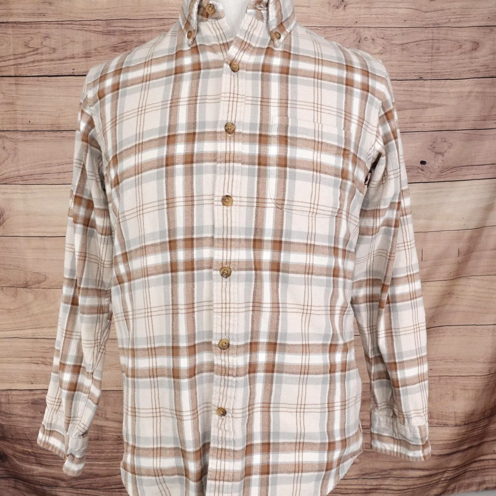 Lands' End Lands' End Shirt Mens Medium Brown Gray Plaid Flannel Button-Down Long Sleeve Size US M / EU 48-50 / 2 - 3 Thumbnail