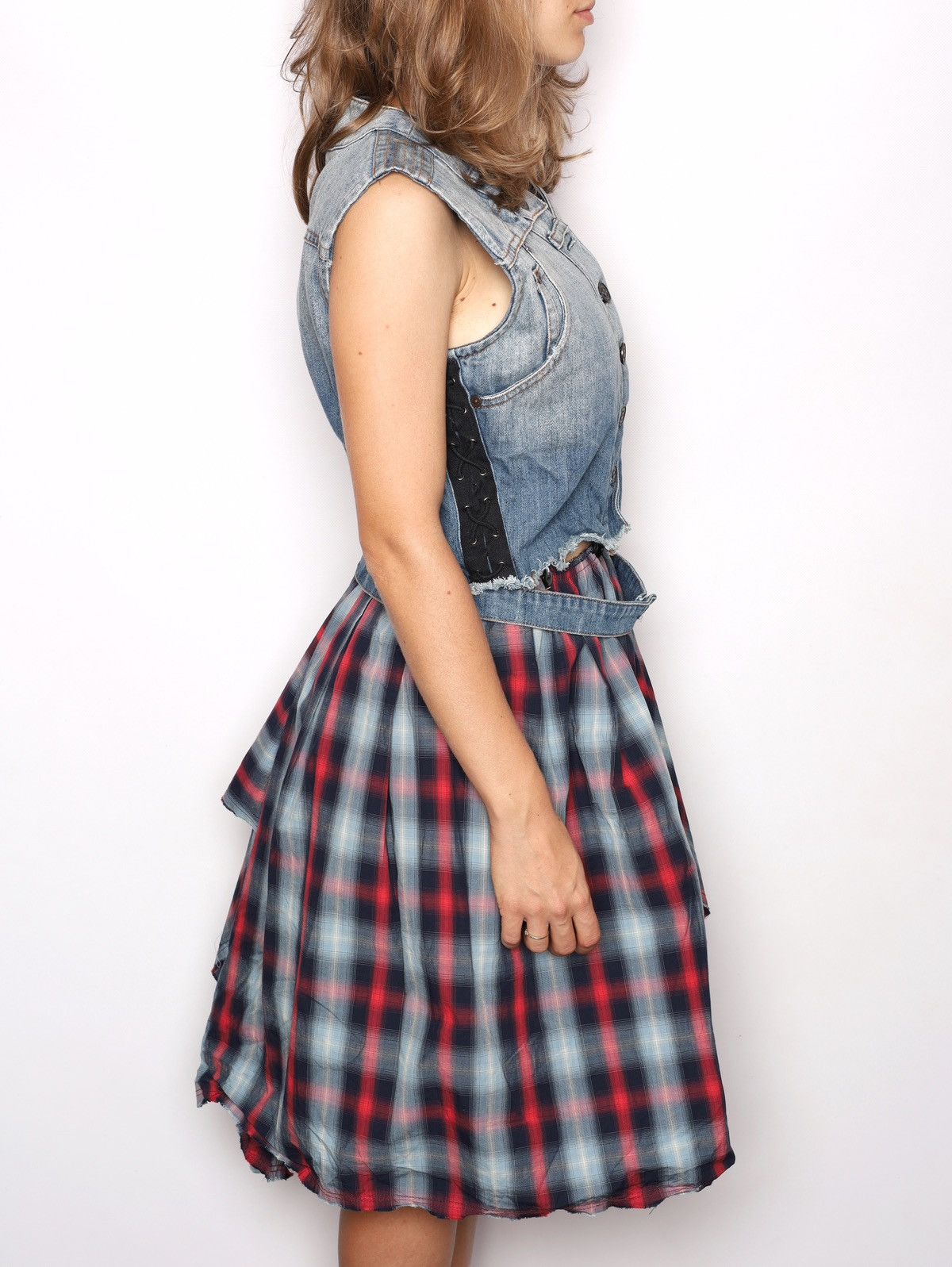 Alexander McQueen Alexander McQueen MCQ Denim Dress with Plaid Skirt Grunge Size S / US 4 / IT 40 - 3 Thumbnail