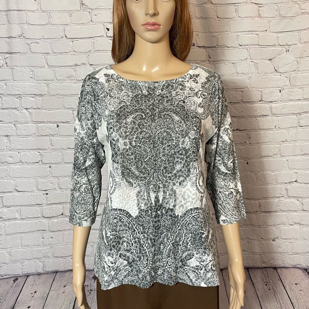 Chicos Chico's Black White Print 3/4 Sleeve Top Size 0 US S Size S / US 4 / IT 40 - 1 Thumbnail