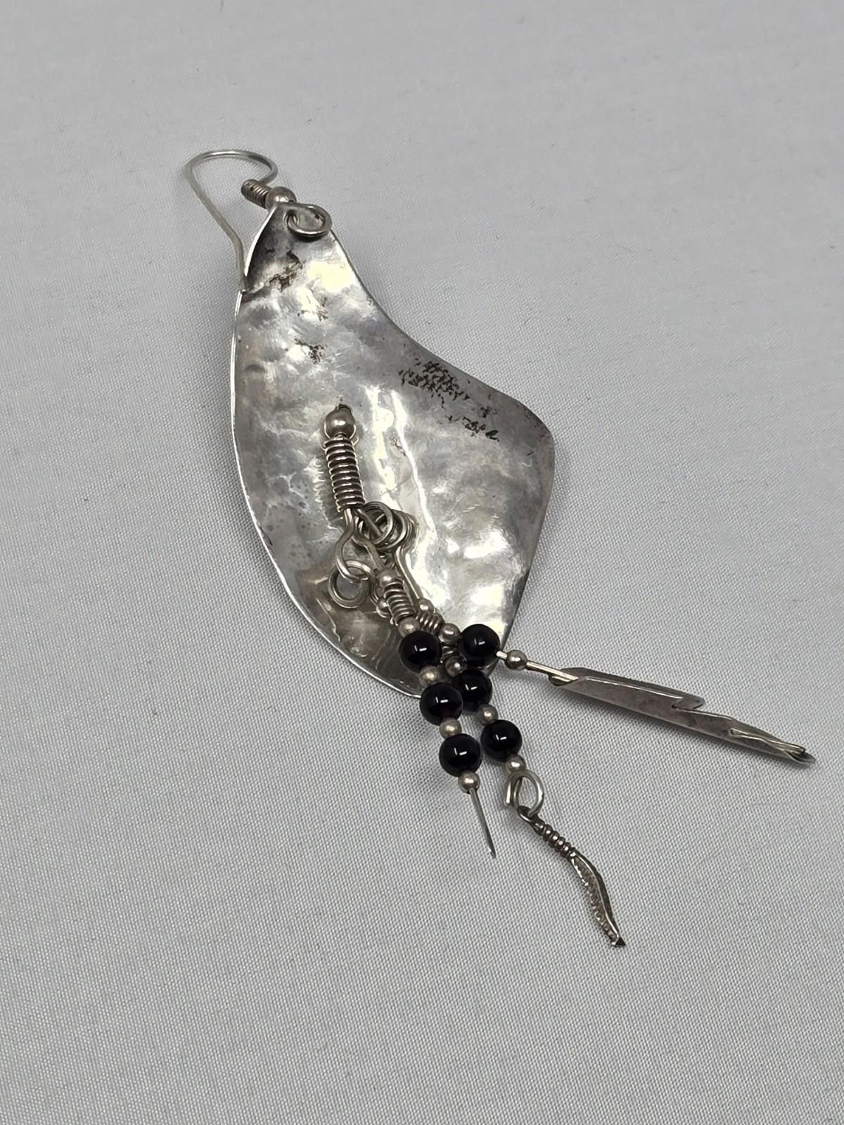 Native Handmade Sterling Silver Feather Dangle Earrings- HEAVY Size ONE SIZE - 5 Thumbnail