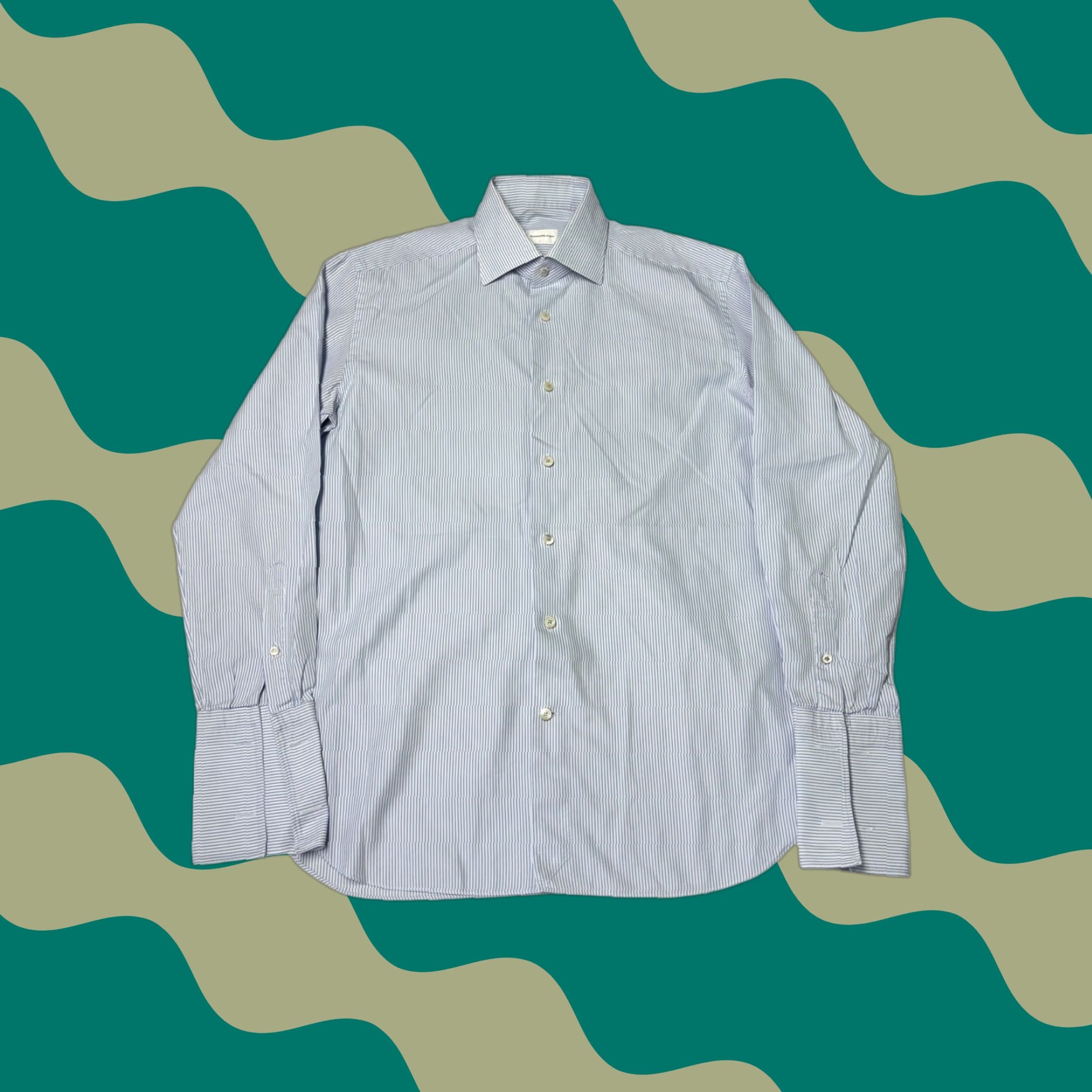Ermenegildo Zegna Dress Shirt Mens 39 15.5 Pinstripe Blue Cotton Long Sleeve French Cuff Button-Down Tailored Business Casual Formal Wear
