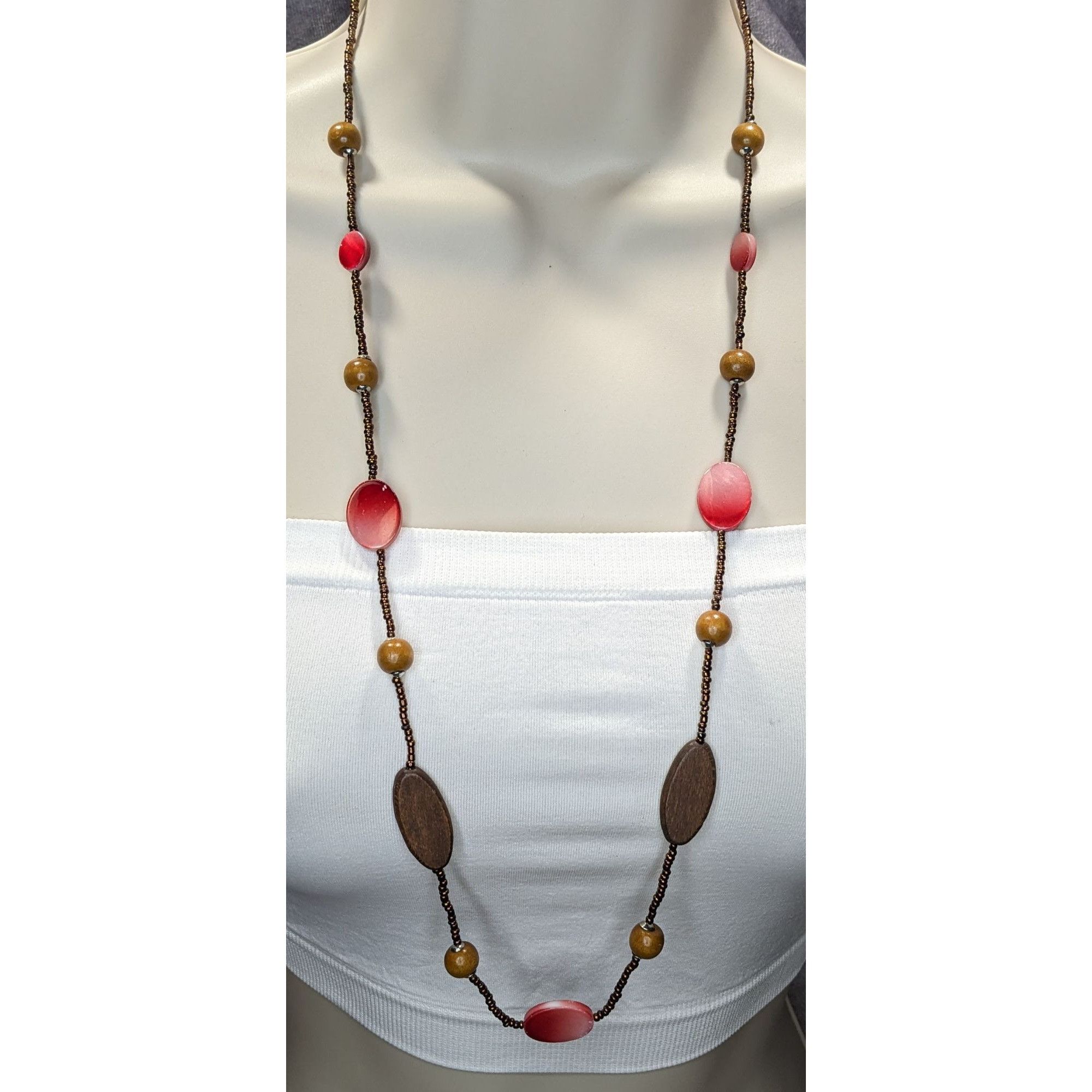 Other Bohemian Brown And Red Glass Beaded Necklace With Wood & She Size ONE SIZE - 1 Thumbnail