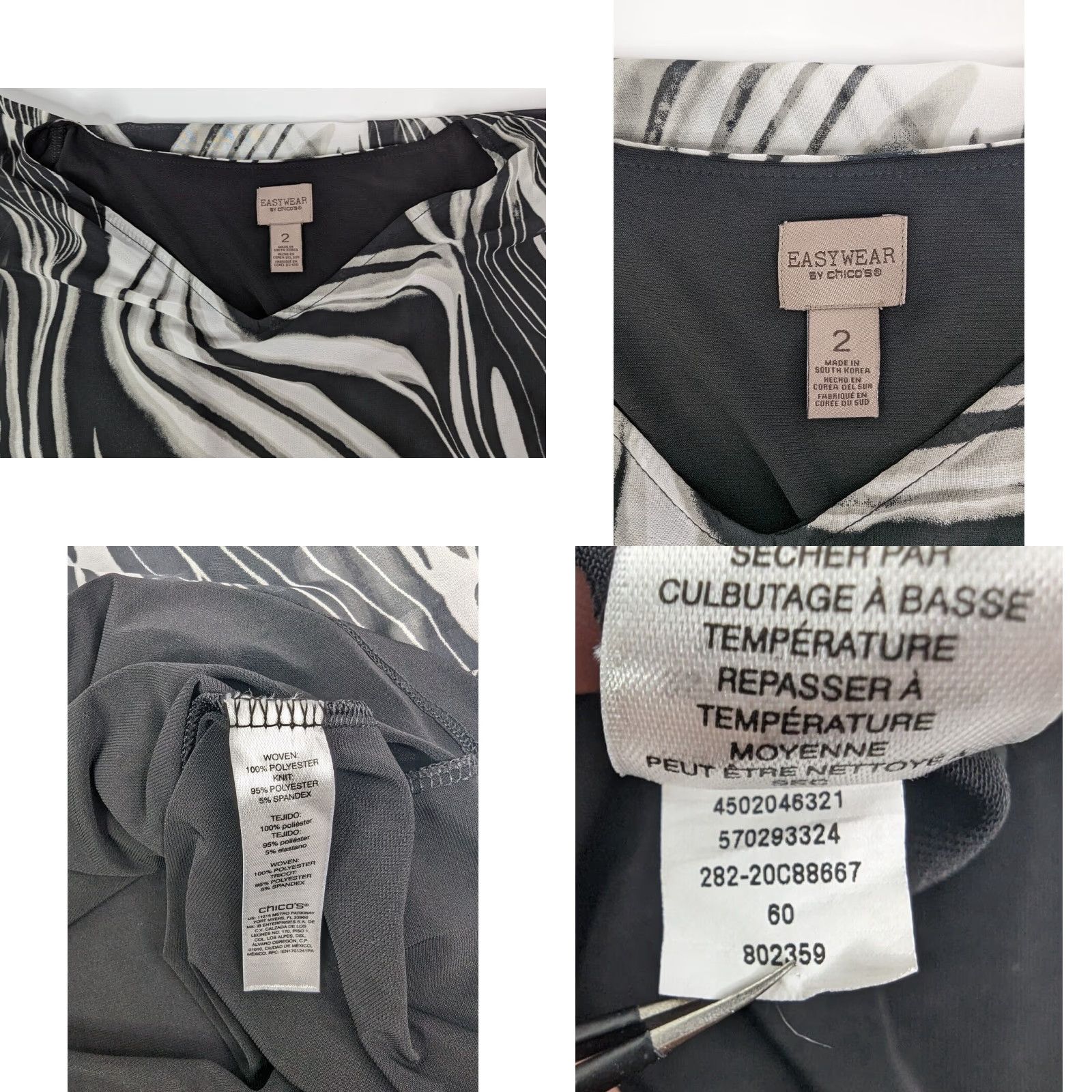 Vintage Chico's Easywear Blouse Shirt Zebra 3/4 Sleeve V-Neck Black L Women Size L / US 10 / IT 46 - 8 Thumbnail
