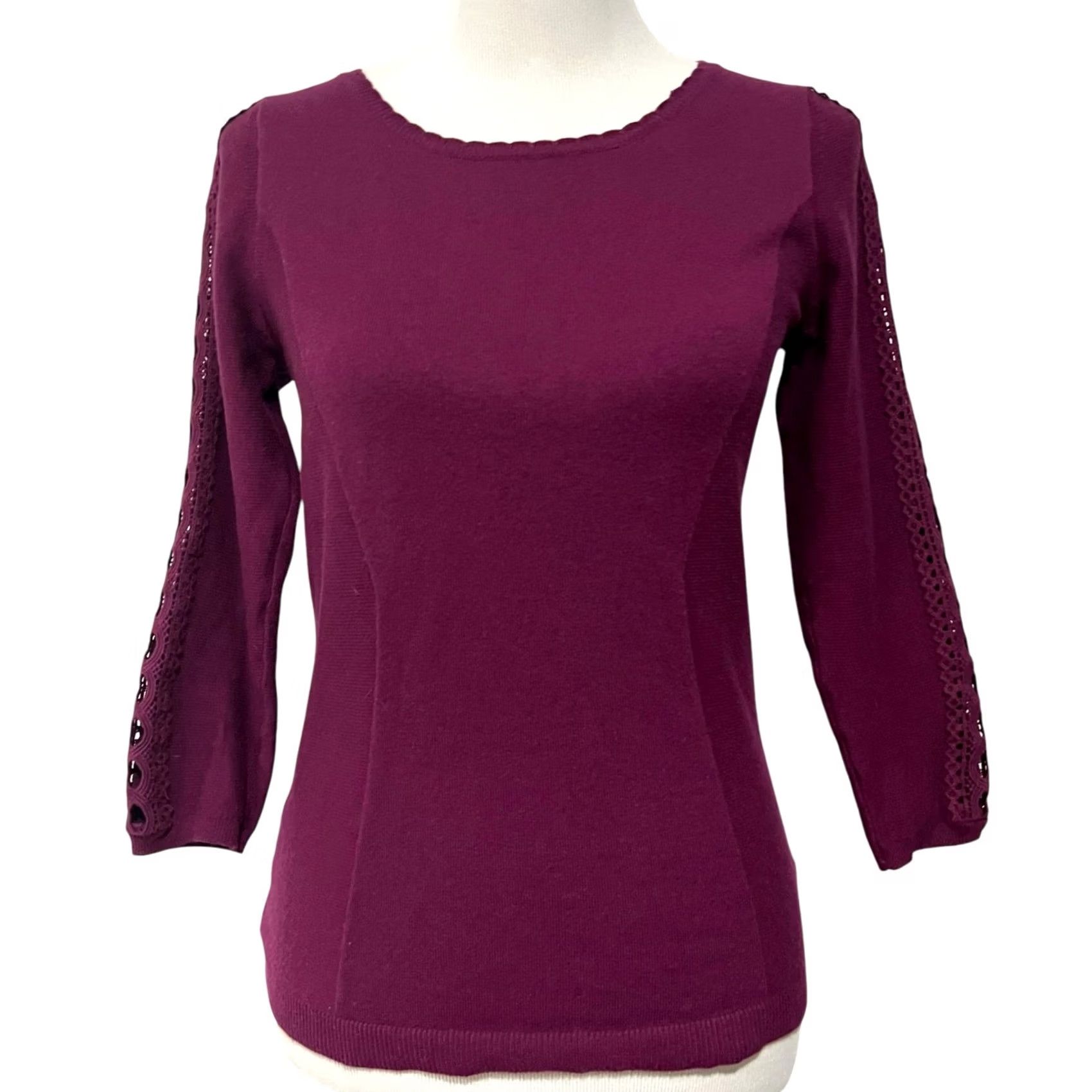 Anthropologie ANGEL OF THE NORTH Sweater Women’s S Purple Lace Detail 3/4 Sleeve Pullover Cashmere Cotton Nylon Spandex Anthro polo (adjusted for clarity) Size S / US 4 / IT 40 - 2 Thumbnail