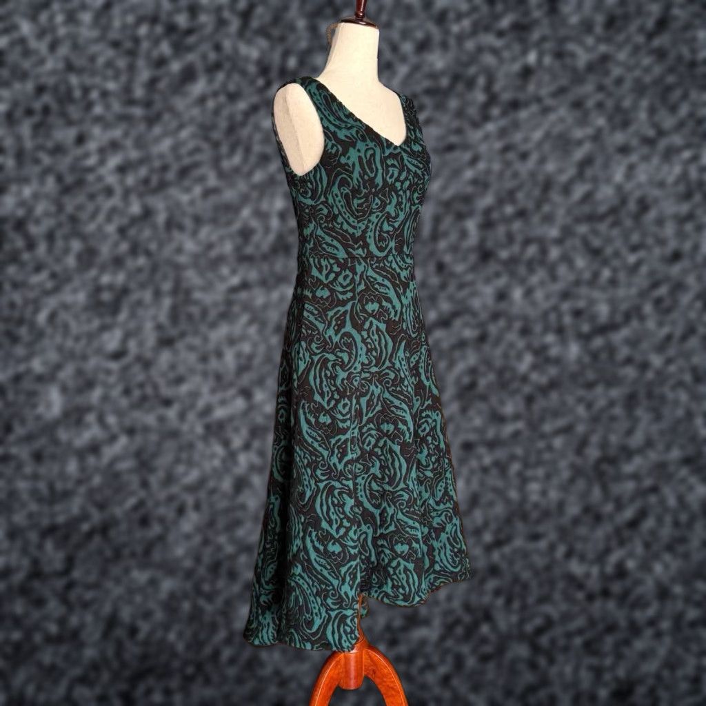 Vintage Catherine Malandrino Dress Jacquard Hi-Low Hem Midi Sleeveless V-Neck Zip Black Green Sz 2 Womens Size XS / US 0-2 / IT 36-38 - 1 Thumbnail
