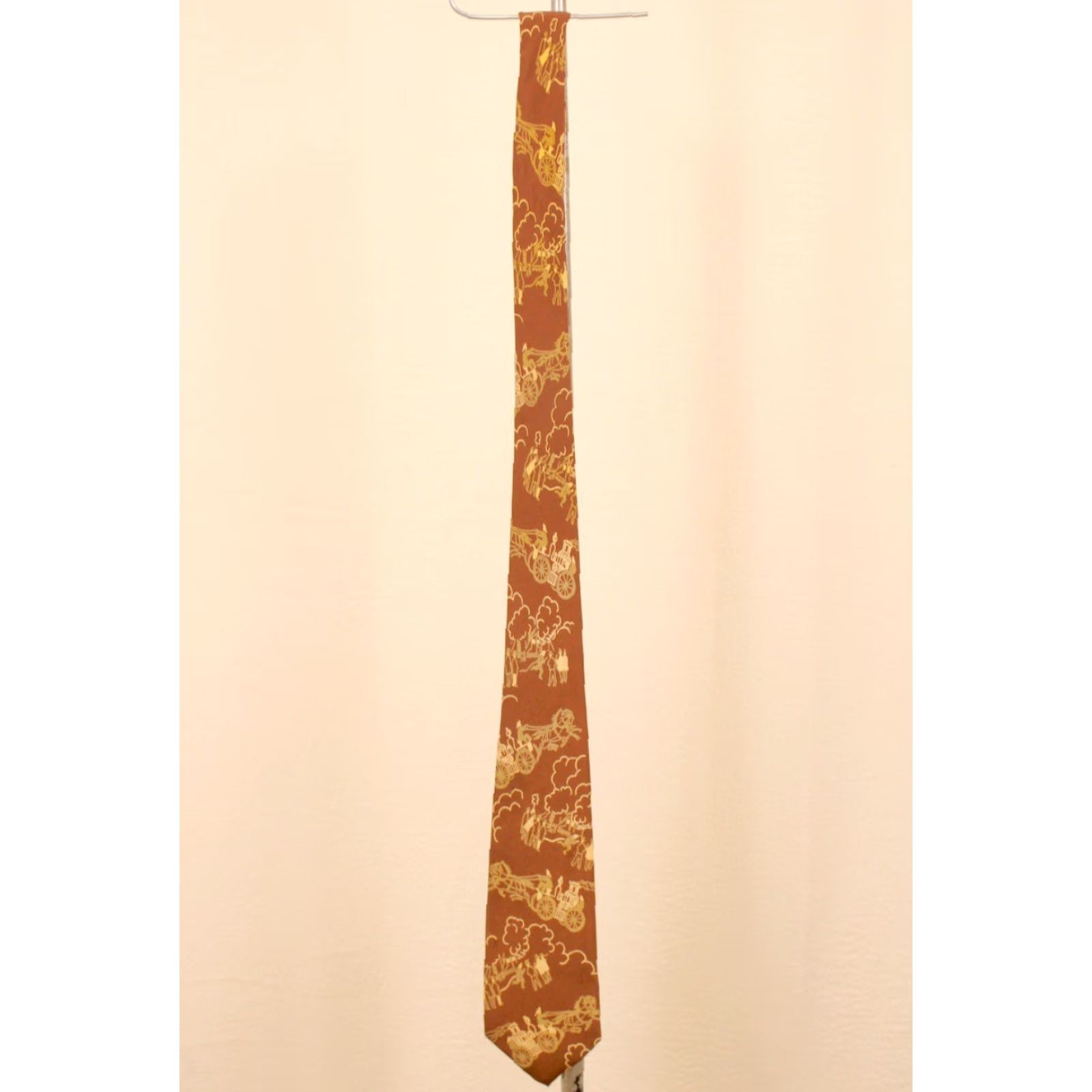 Vintage VTG Men’s 1950s Brown Beige Carriage Themed Novelty Necktie 50s Tie Silk Neck Tie Size ONE SIZE - 3 Thumbnail