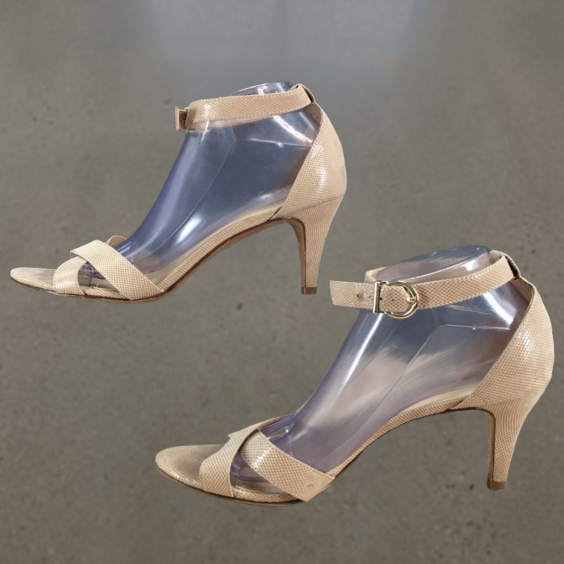 Vintage Kelly & Katie Heels Womens Strappy Beige Fabric Open Toe Casual Stiletto Size 10 Shoes Burnished Buckle Platform Womens Shoes Size US 8 / IT 38 - 1 Thumbnail