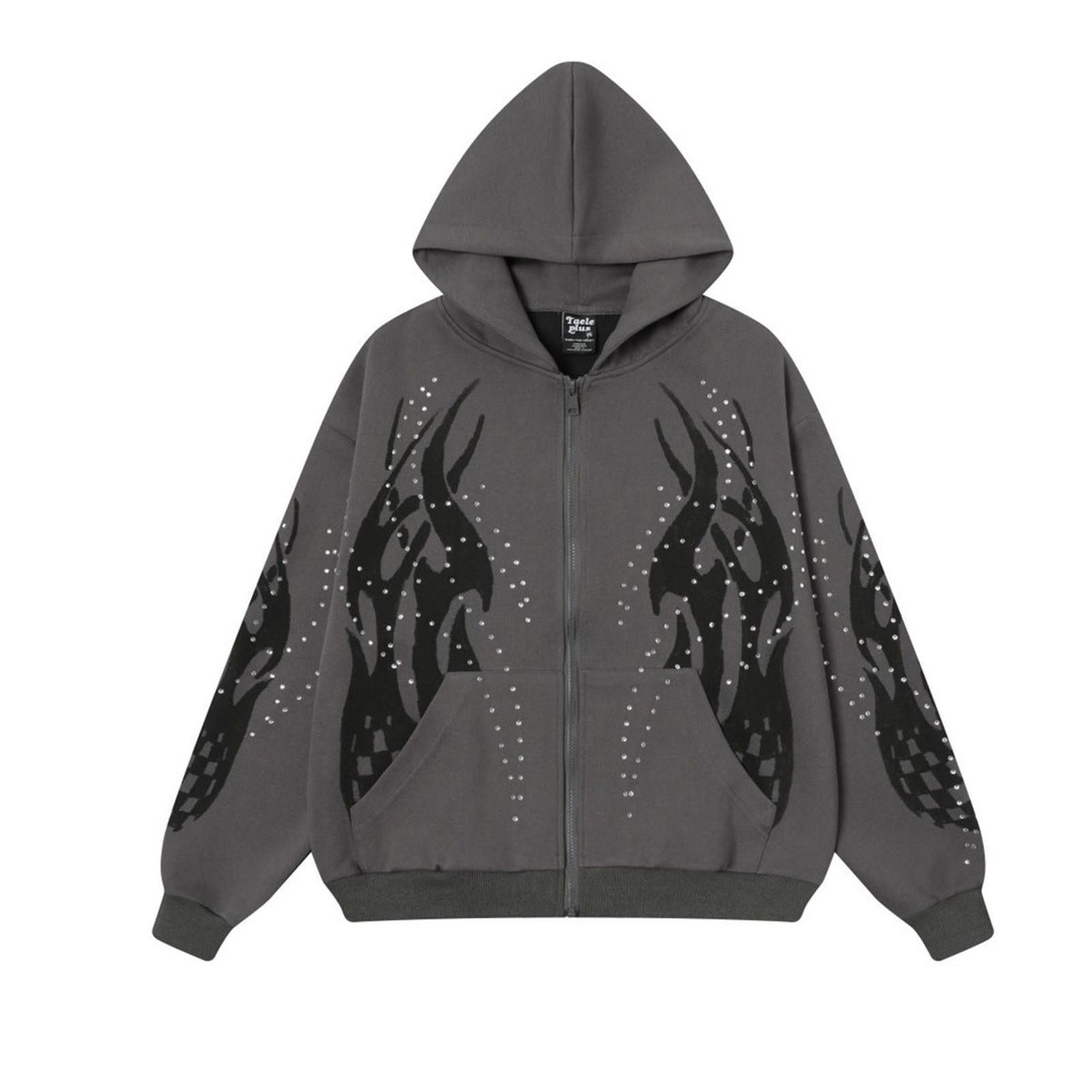 Tribal Flame Rhinestone Embellished Graphic Zip Hoodie