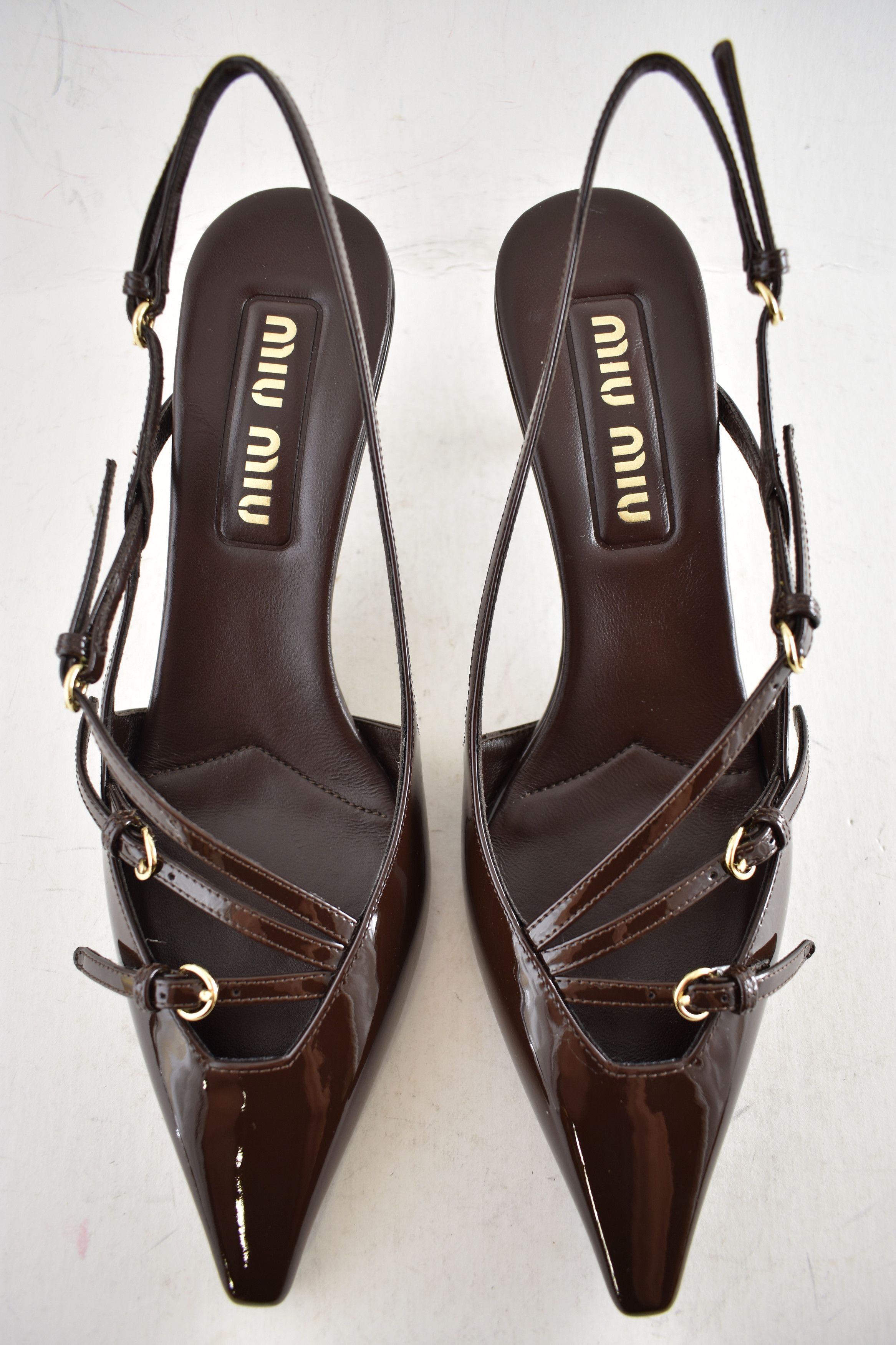Miu Miu 55 Patent Buckle Trio Pointed Slingback Kitten Heel Pump 36 Size US 6 / IT 36 - 11 Thumbnail
