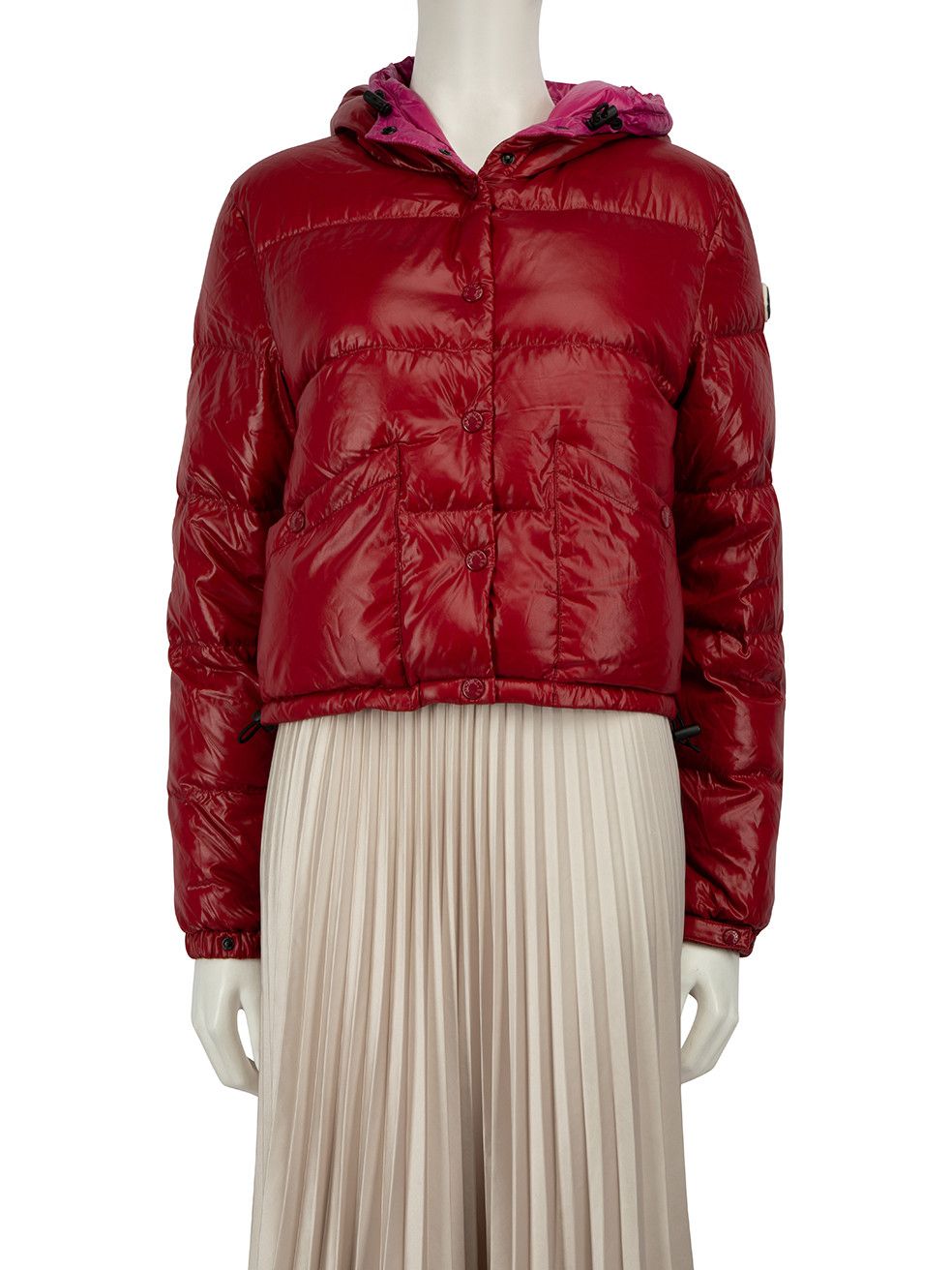 image of Moncler Red Hooded Puffer Goose Down Coat, Women's (Size Medium)