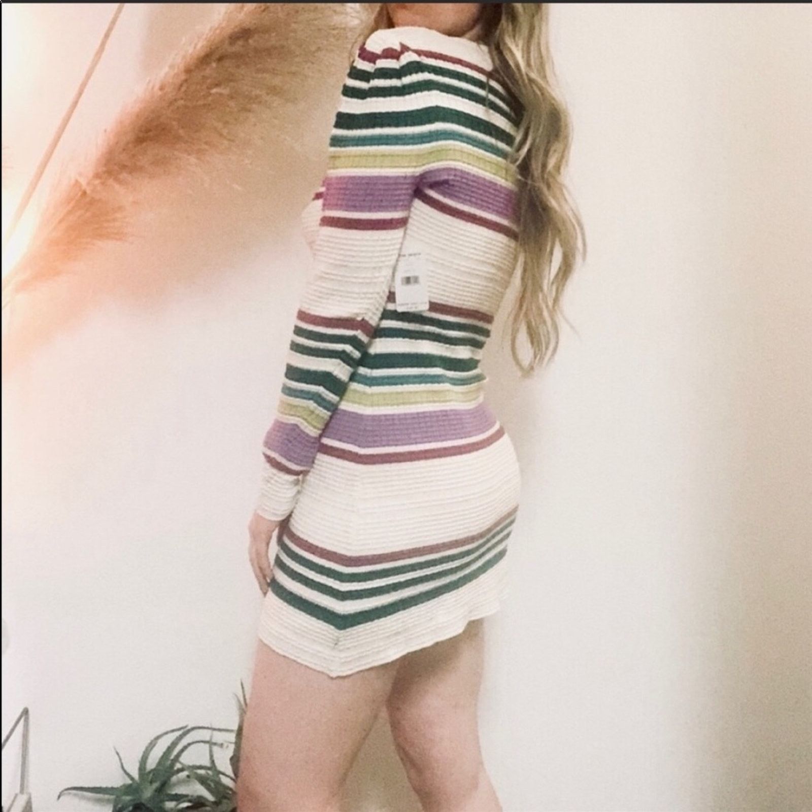 NEW FREE PEOPLE Cream Stripe Green Knit Sweater Mini Dress - stein-coach.com