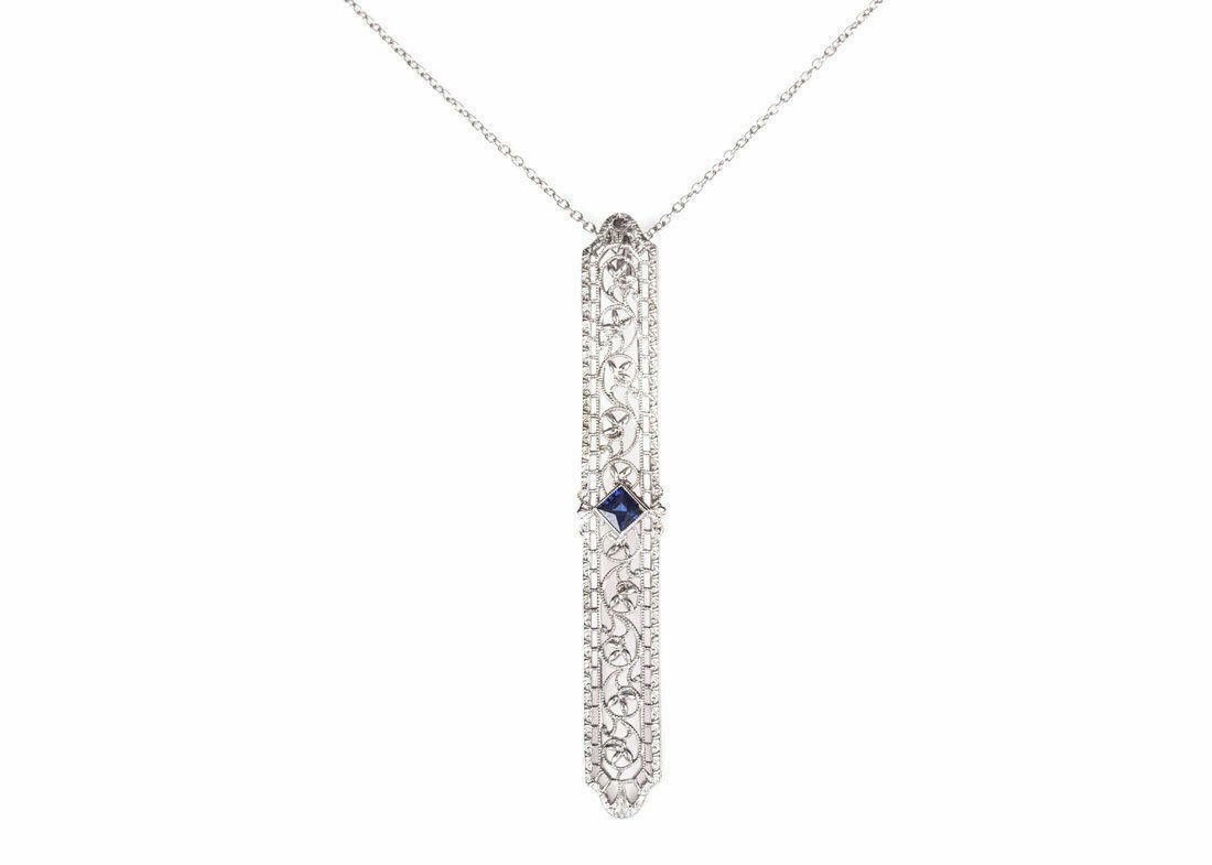Designer Art Deco 14kt White Gold Filigree Necklace with Sapphire Size ONE SIZE - 1 Thumbnail