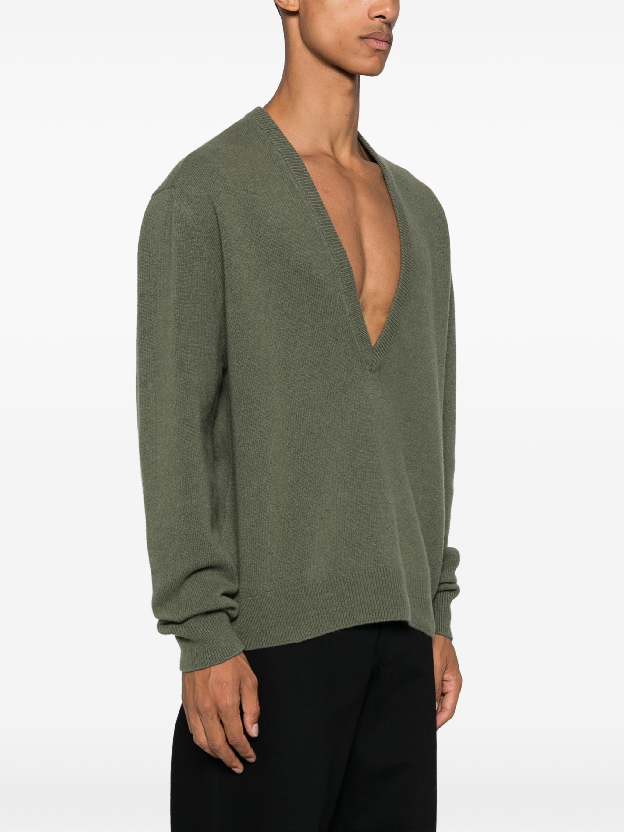 Lemaire o1s22i1n1024 Deep V-Neck Pullover Sweater in Green Size US L / EU 52-54 / 3 - 3 Thumbnail