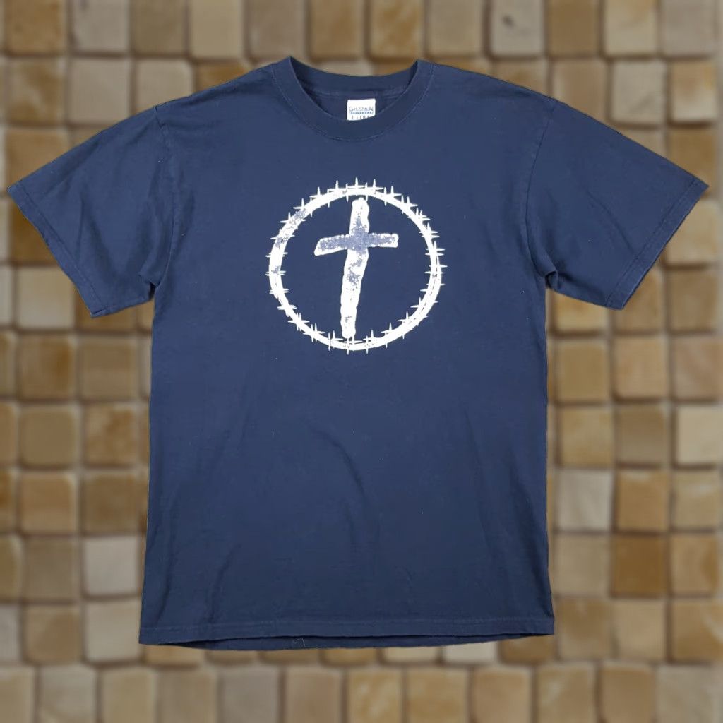 Gildan VINTAGE Gildan Peace Love & Jesus Distressed T-Shirt Men's Medium Navy Blue 90s Retro Casual Short Sleeve Y2K Size US M / EU 48-50 / 2 - 1 Thumbnail