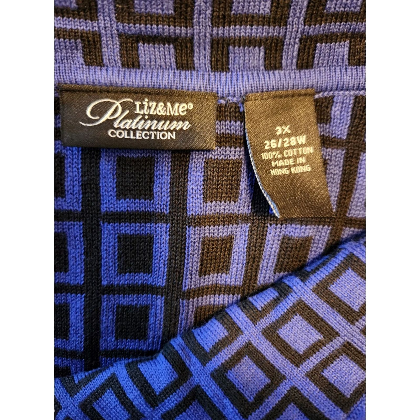 Vintage Liz & Me Platinum Collection Cardigan Indigo Royal Blue 3X Button Front Knit 100% Cotton Geometric Women Plus Size Mulit Occasion Woolless? Size XXL / US 16-18 / IT 52-54 - 7 Thumbnail