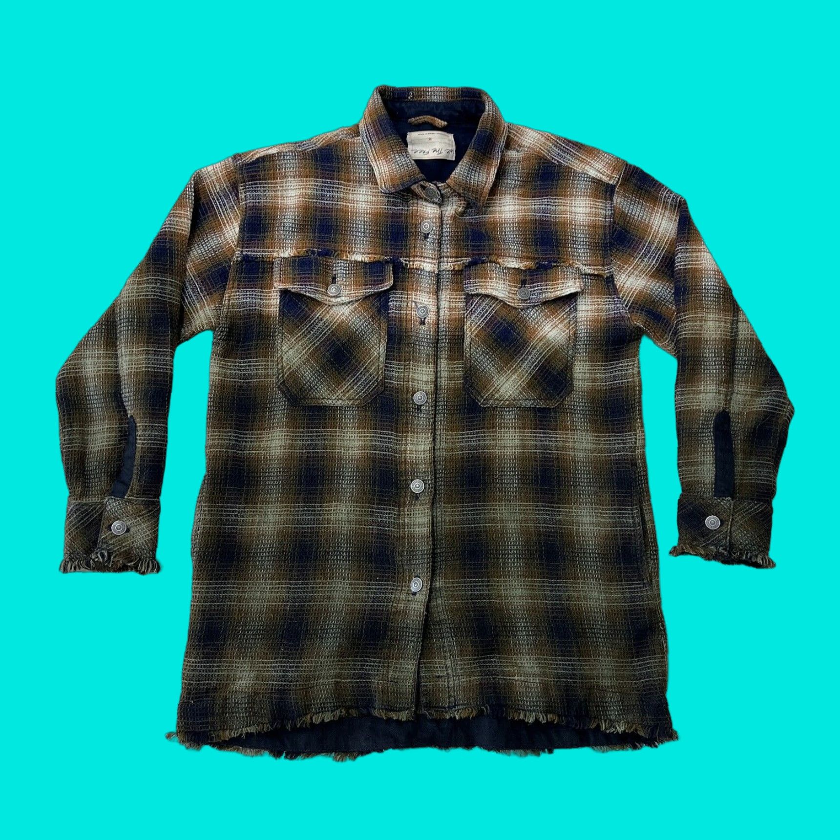 VINTAGE We The Free Knit Flannel Coat Womens Mid-Length Plaid Button Up Oversized Size M