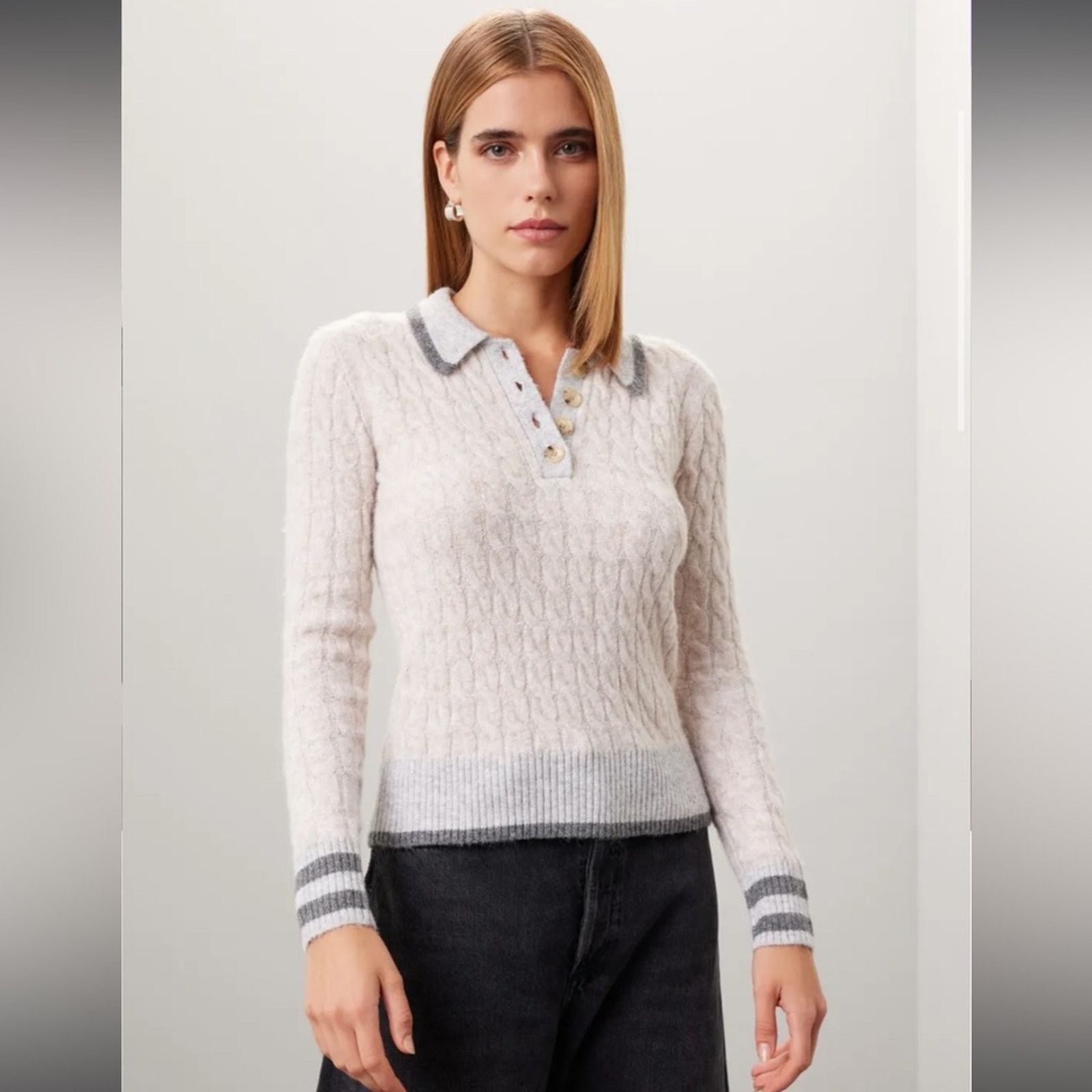 Central Park West RTR Central Park West Bobbie Cream Cable Knit Polo Sweater Size XXS / US 00 / IT 34 - 1 Thumbnail