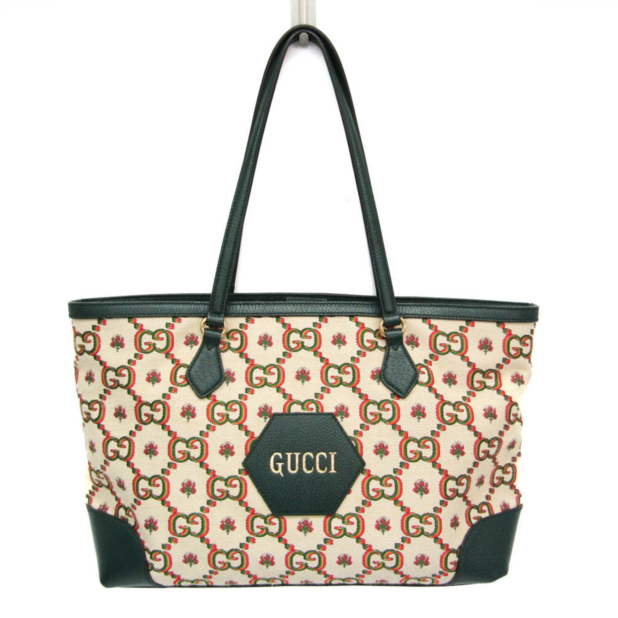 Gucci Gucci 100th Anniversary Model 676681 Women's Canvas,Leather Tote Bag Green,Light Beige Size ONE SIZE - 1 Thumbnail