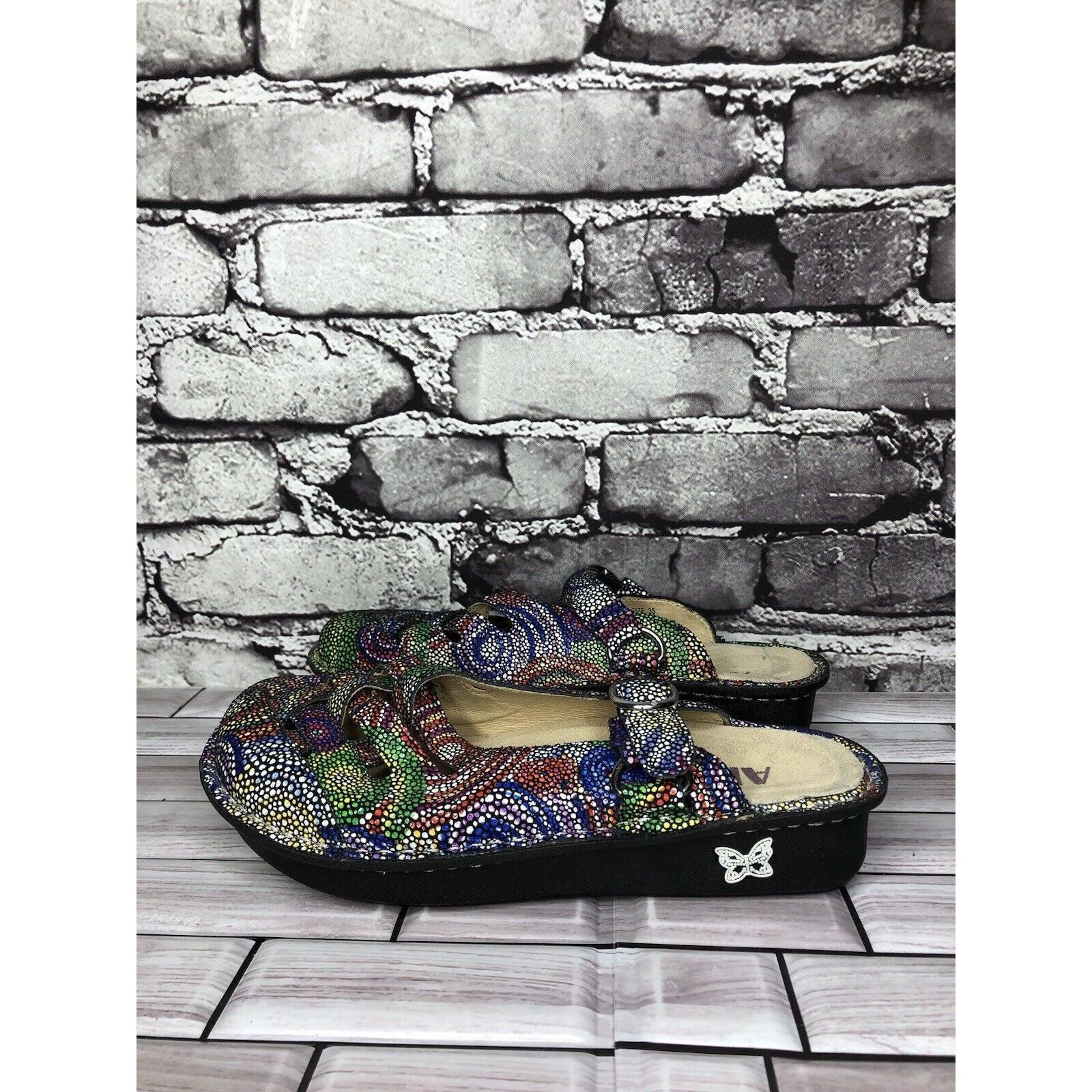 Allegri Alegria Fre-387 Rainbow Mosaic Leather Strap Clogs Shoes Wom Size US 5 / IT 35 - 16 Thumbnail