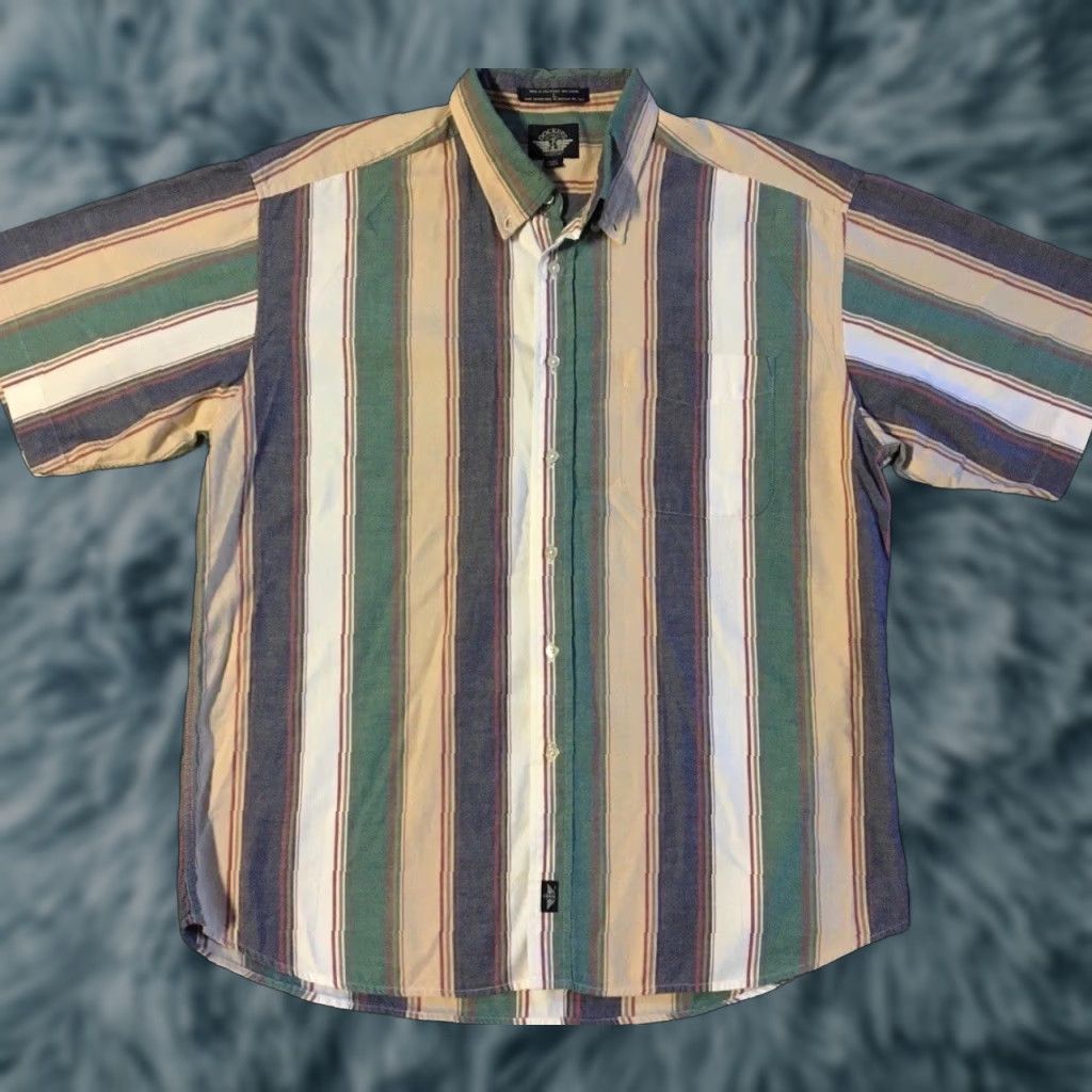 Gotcha VINTAGE 90s Striped Faded Button-Up Shirt L Beige Short Sleeve Col l AOP Surf Skate Grunge Vaporwave All Over Print Mens Size US L / EU 52-54 / 3 - 1 Thumbnail