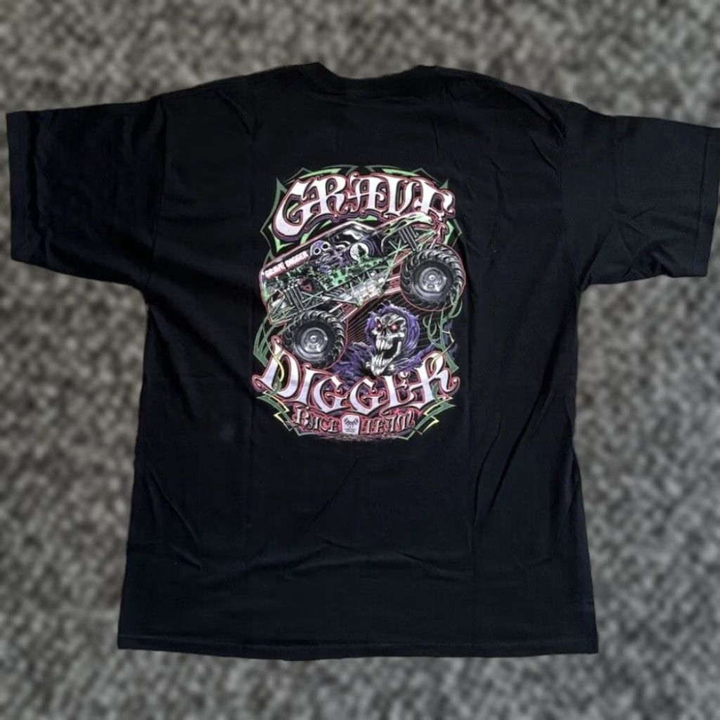 VINTAGE Grave Digger Racing Team T Shirt XL Dennis Anderson Monster Truck Shirt Mens Black Graphic Print 2000s Halloween Cars Horror Logo Double-Sided