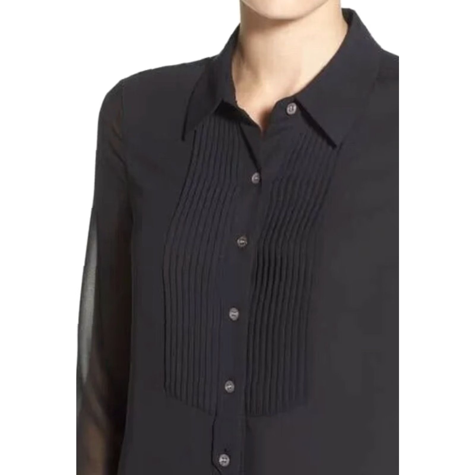 Vince Vince Tux Tuxedo Pleated Blouse Black Semi Sheer Top Designer Button Down 2 Blouse Women Long Sleeve Button-Down Collar Pattern Solid Tunic Sheer Size XS / US 0-2 / IT 36-38 - 2 Thumbnail