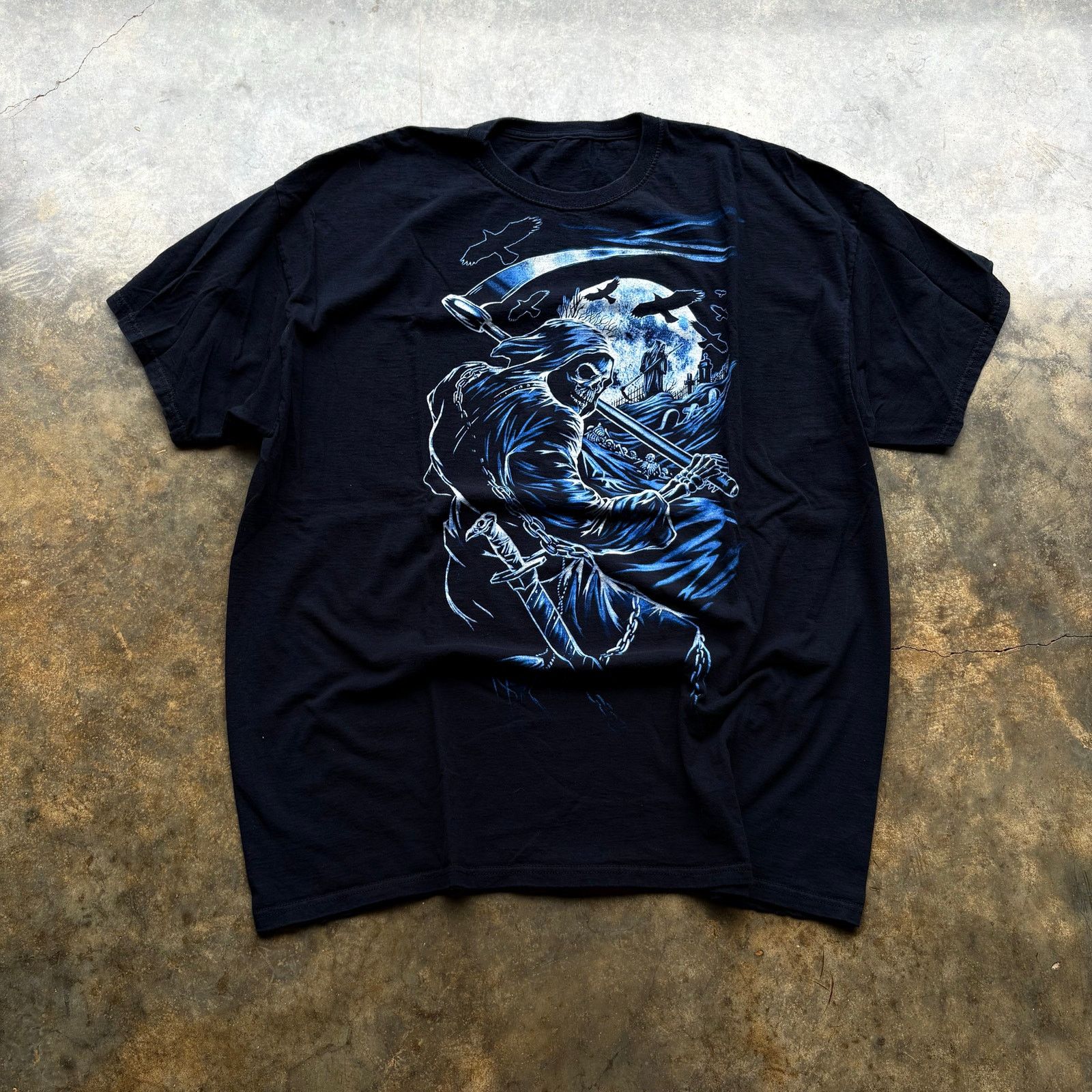 Affliction Vintage Y2K Blue Grim Reaper Scythe Black T-shirt Size US XL / EU 56 / 4 - 1 Thumbnail
