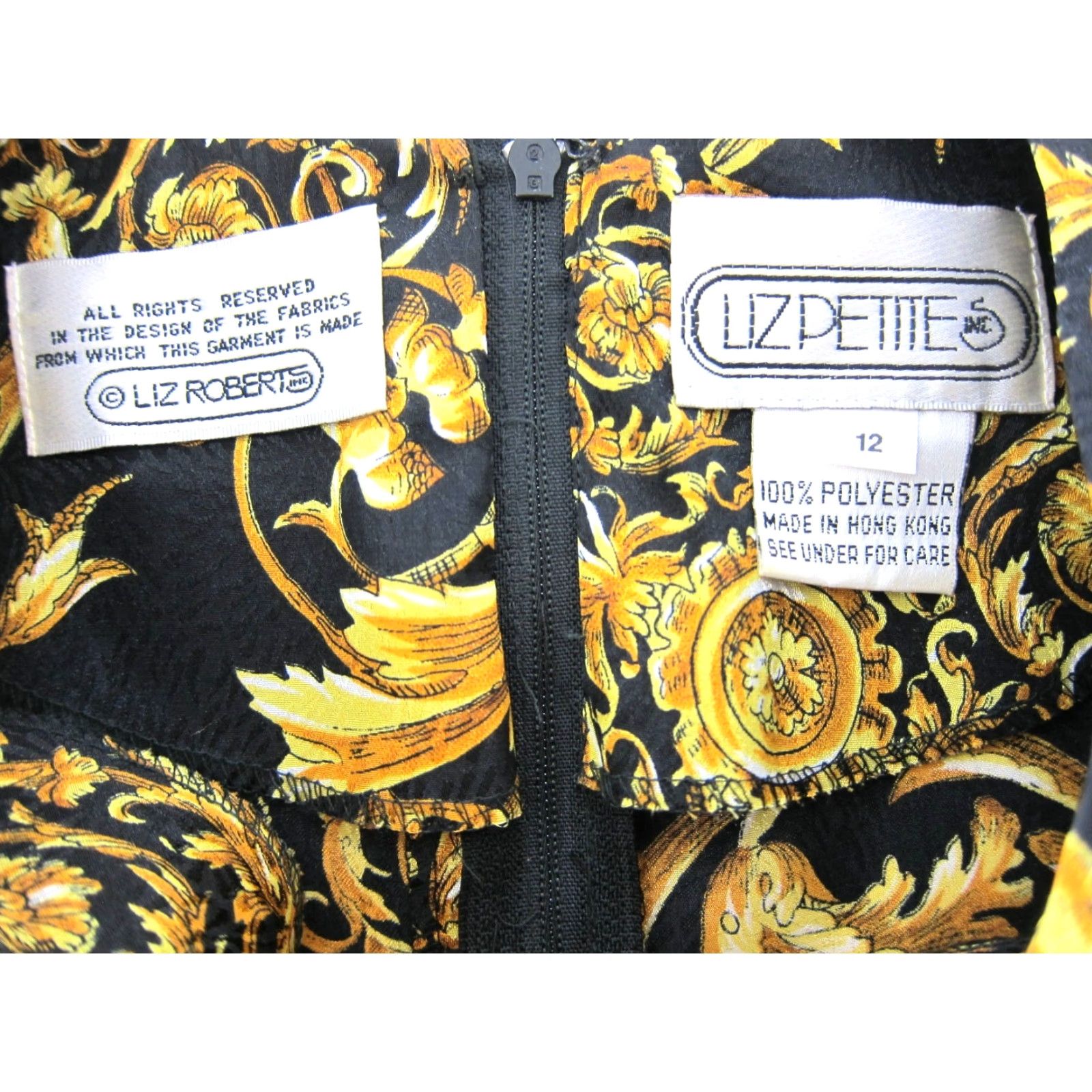 Vintage VINTAGE Liz Roberts Petites Black Gold Floral Puff Sleeve Pleat Shift Dress 12P Size XL / US 12-14 / IT 48-50 - 3 Thumbnail