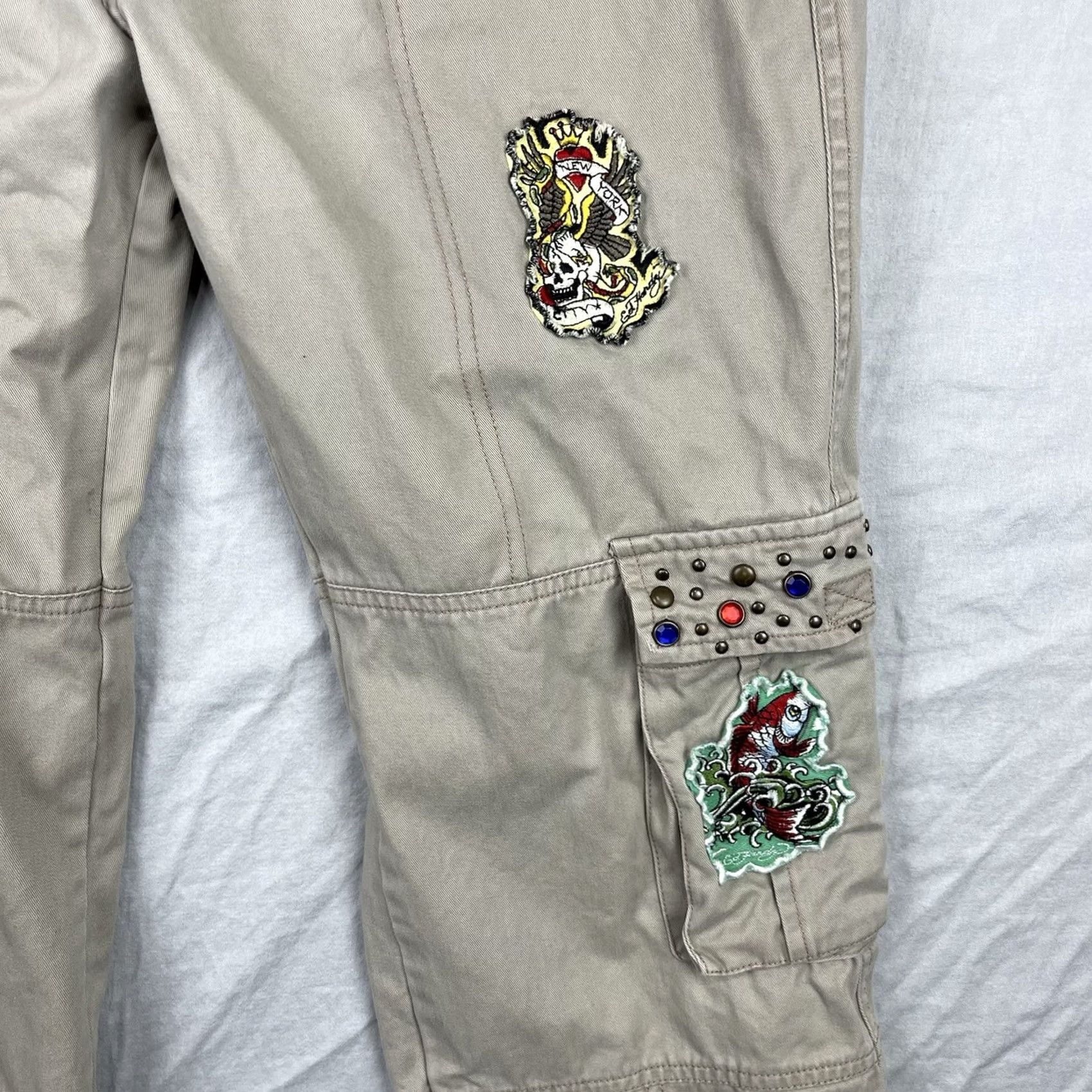 Ed Hardy VINTAGE Ed Hardy Cargo Pants Women 29 Paratrooper Y2K Patches Studded Rhinestone Pants Woman Beige 29 Cargo Size 29" - 5 Thumbnail