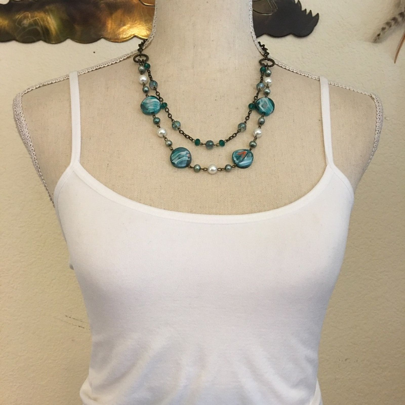 Jewelry Vintage cut marbled glass bead brass chain set Size ONE SIZE - 3 Thumbnail