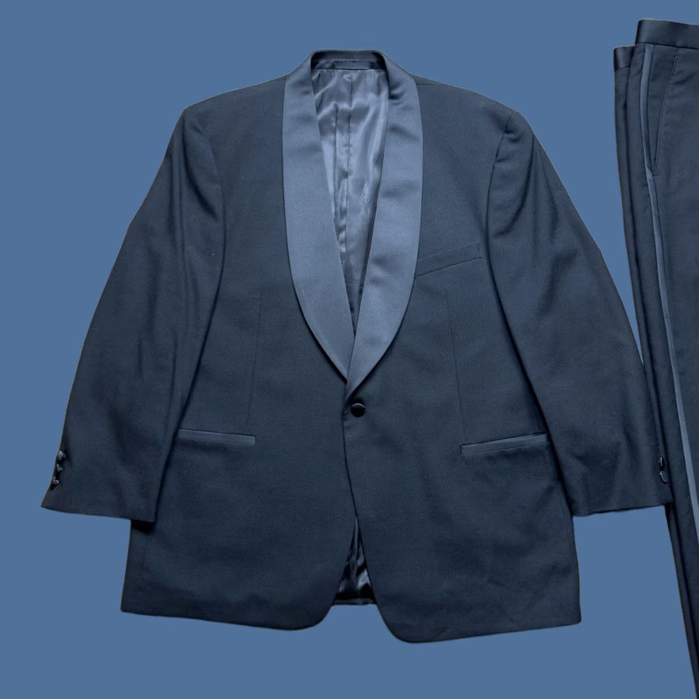 Vintage Jhane Barnes black Shawl collar wool and satin Tuxedo Mens 44R 2pc Formal Suit Jacket & Pants Size 44R - 1 Thumbnail