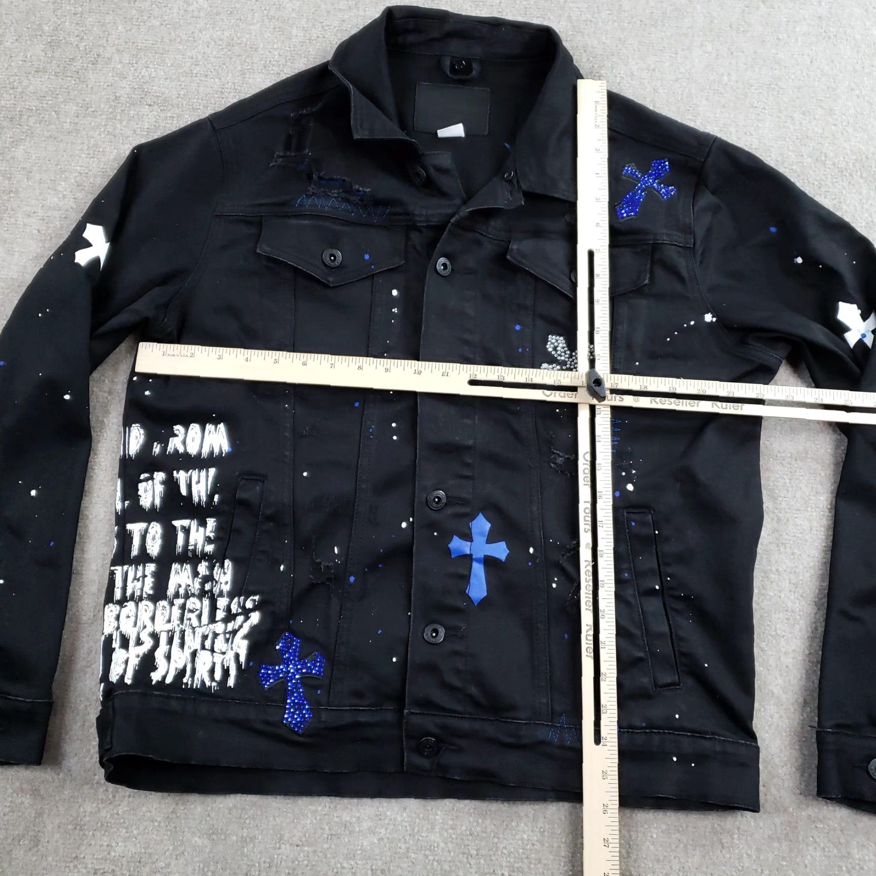 Vintage SmokeRise Jacket Mens Large Black Cross Rhinestone Distressed Paint Splatter Denim Bomber Jacket Size US L / EU 52-54 / 3 - 2 Thumbnail