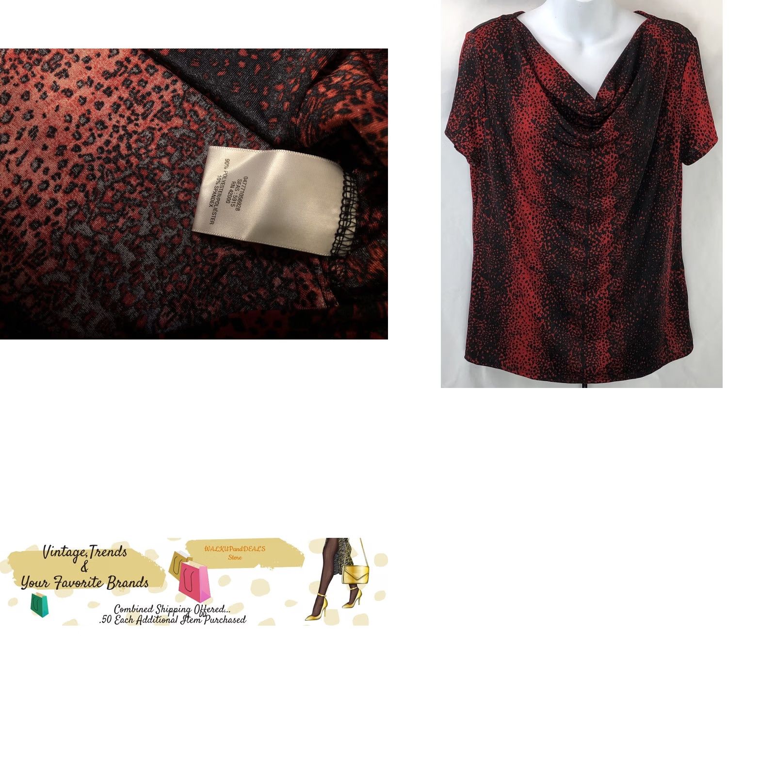 Vintage Jaclyn Smith Blouse Shirt Women L Red Animal Print Short Sleeve Cowl Neck Stretch Retro Geometric" Size L / US 10 / IT 46 - 8 Thumbnail