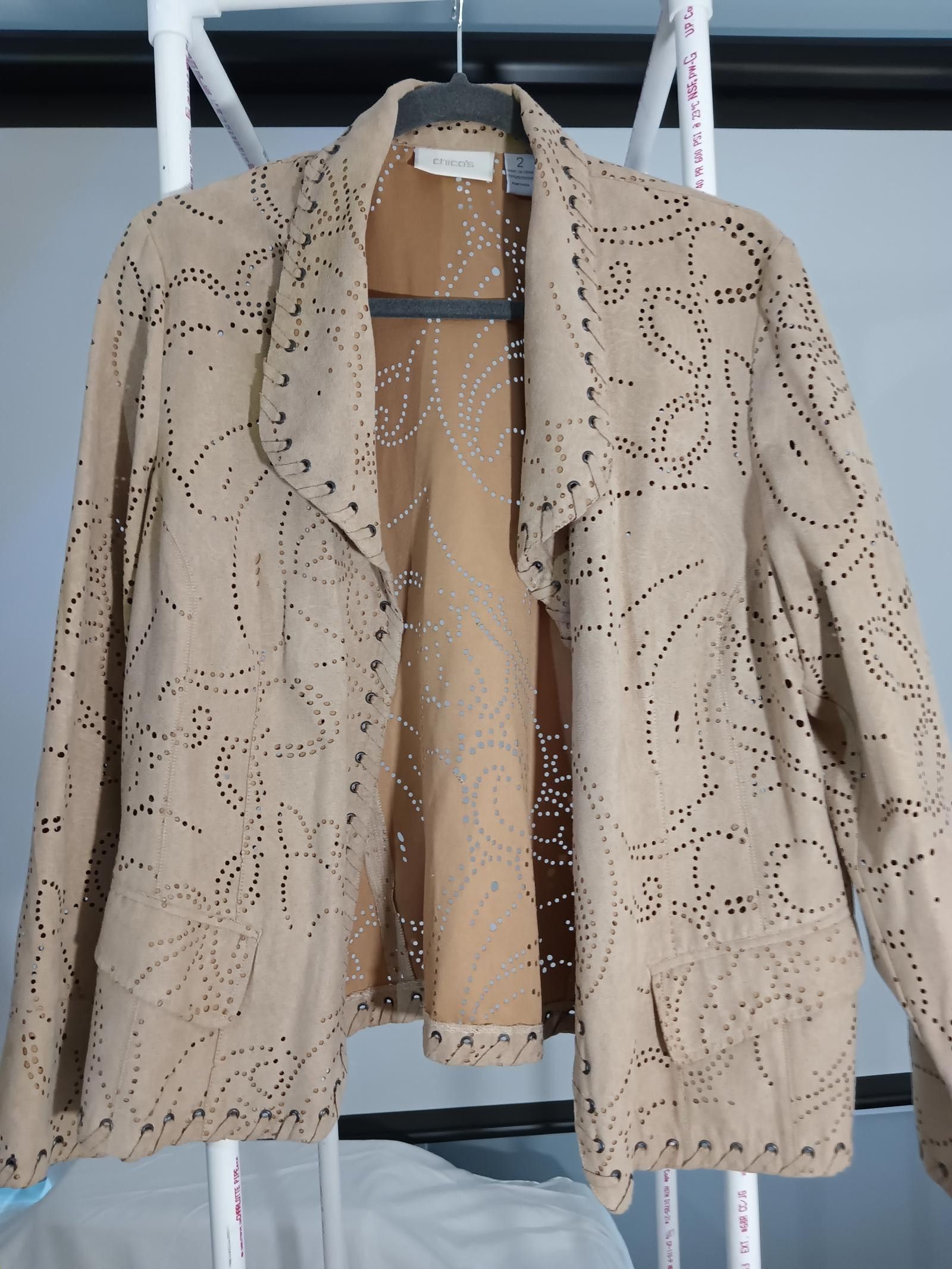 Designer Stylish Chicos Perforated Suede Jacket Size XS / US 0-2 / IT 36-38 - 1 Thumbnail