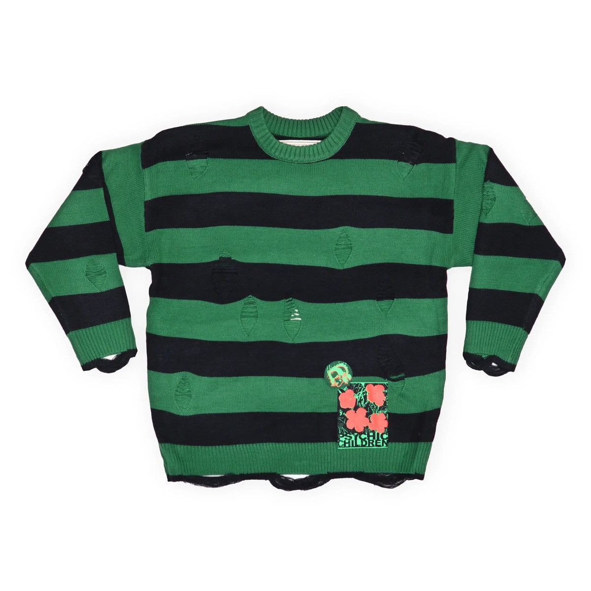 Other Psychic Children Green & Black Distressed Striped Sweater Size US L / EU 52-54 / 3 - 1 Thumbnail