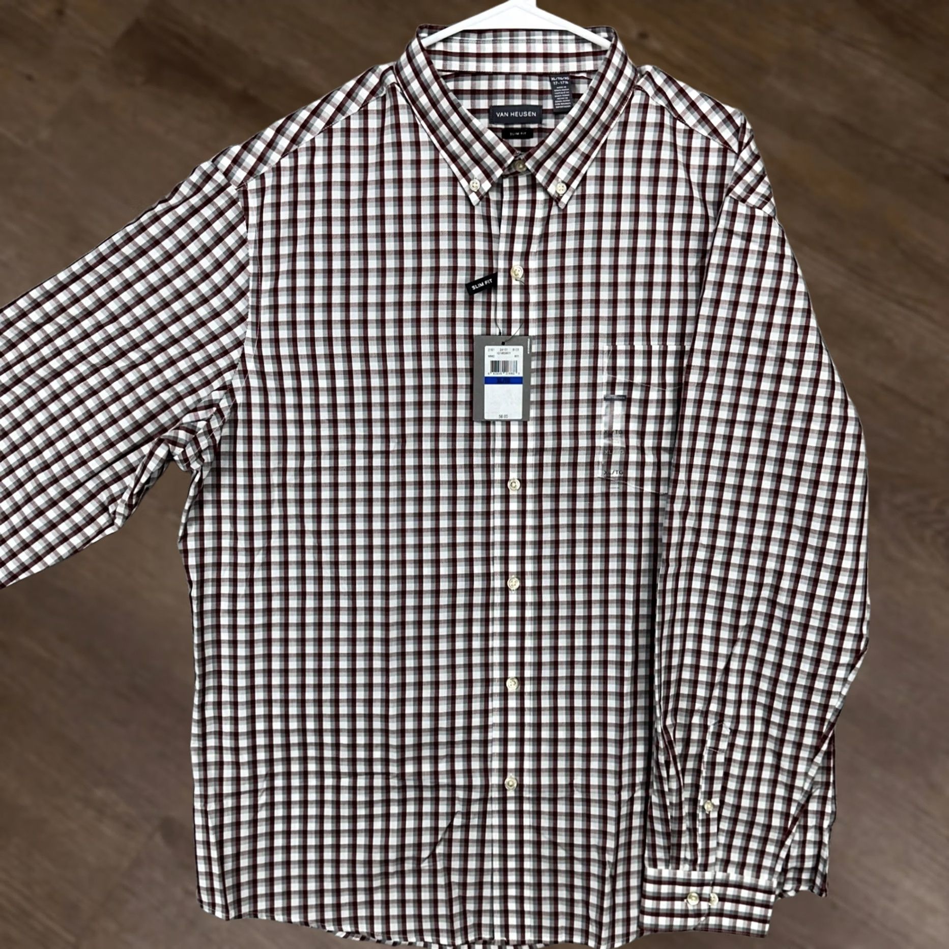 Van Heusen VINTAGE Van Heusen Shirt Dress Men 17-17.5 XL Red Gray Plaid Button-Down Pocket Slim NEW Size 46R - 1 Thumbnail