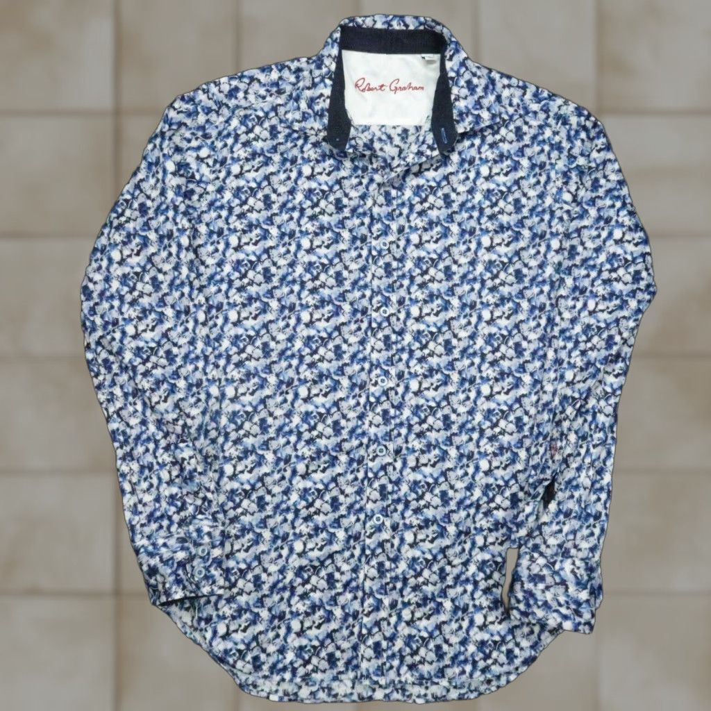 Robert Graham Shirt Mens Small White Blue Abstract Classic Fit Button-Up