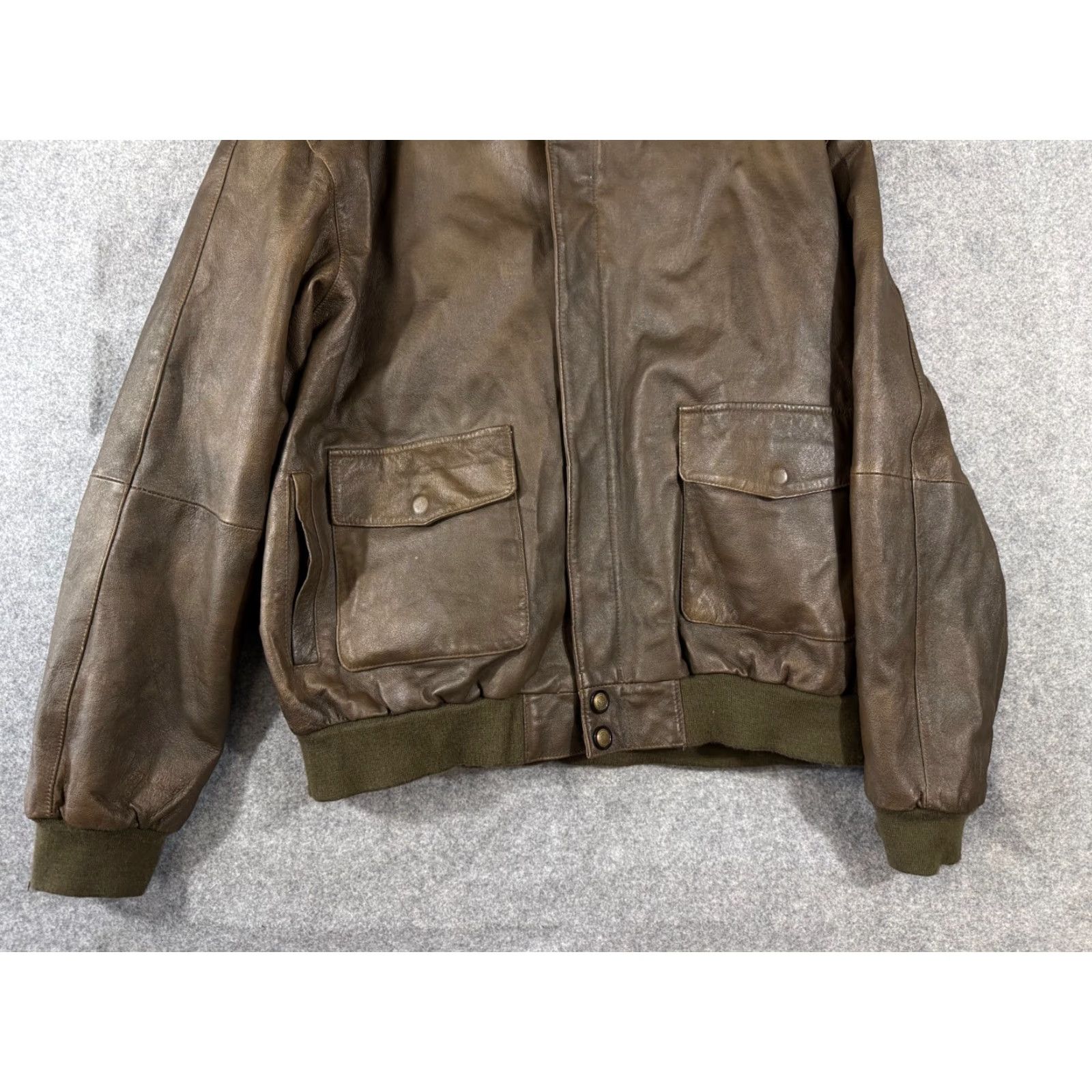 Vintage Aviator Bomber Jacket Mens XL Brown Green Genuine Leather Removable Liner Zipper Jacket Size US XL / EU 56 / 4 - 4 Thumbnail