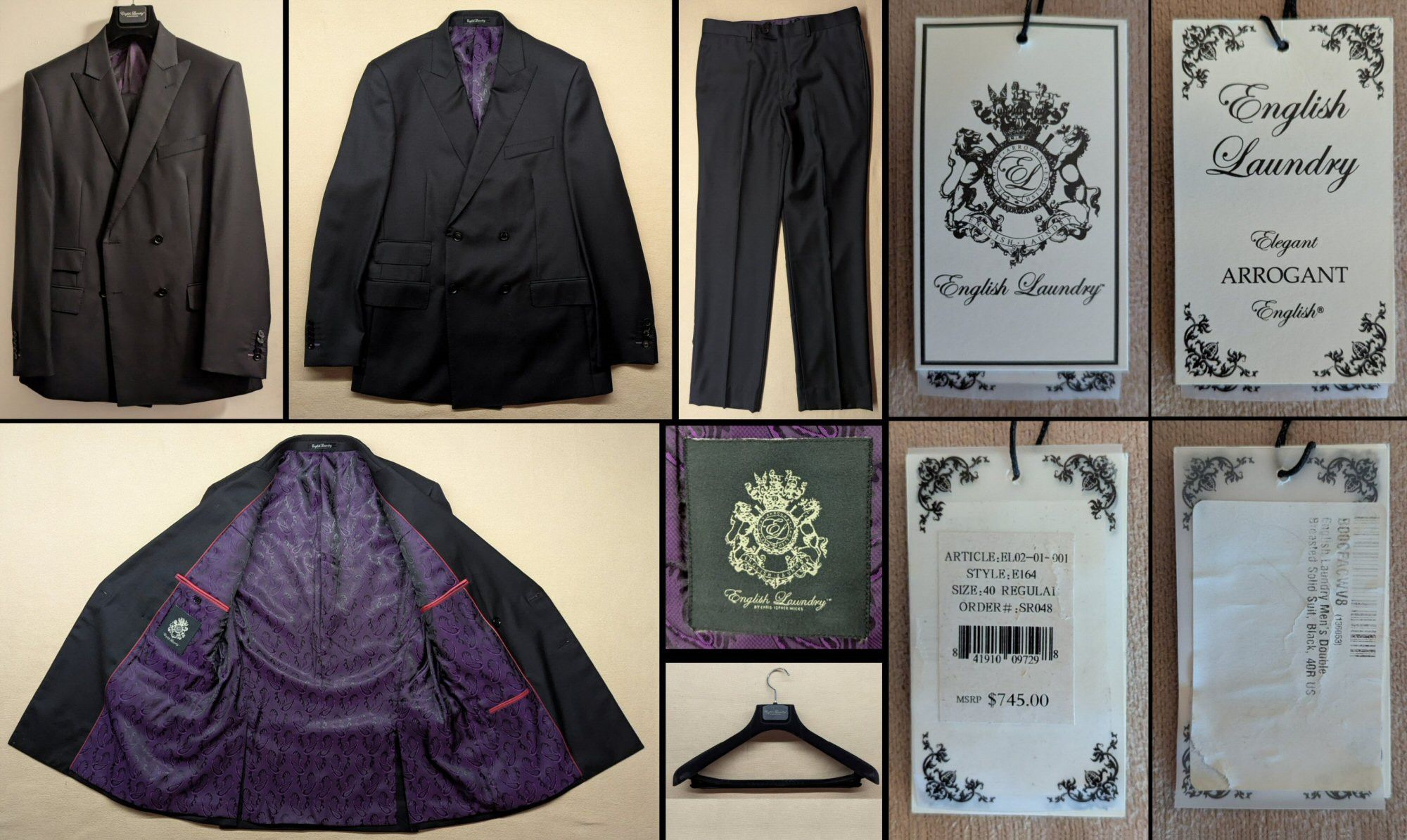 English Laundry Double Breasted 4-Button Black Suit 40R NWT